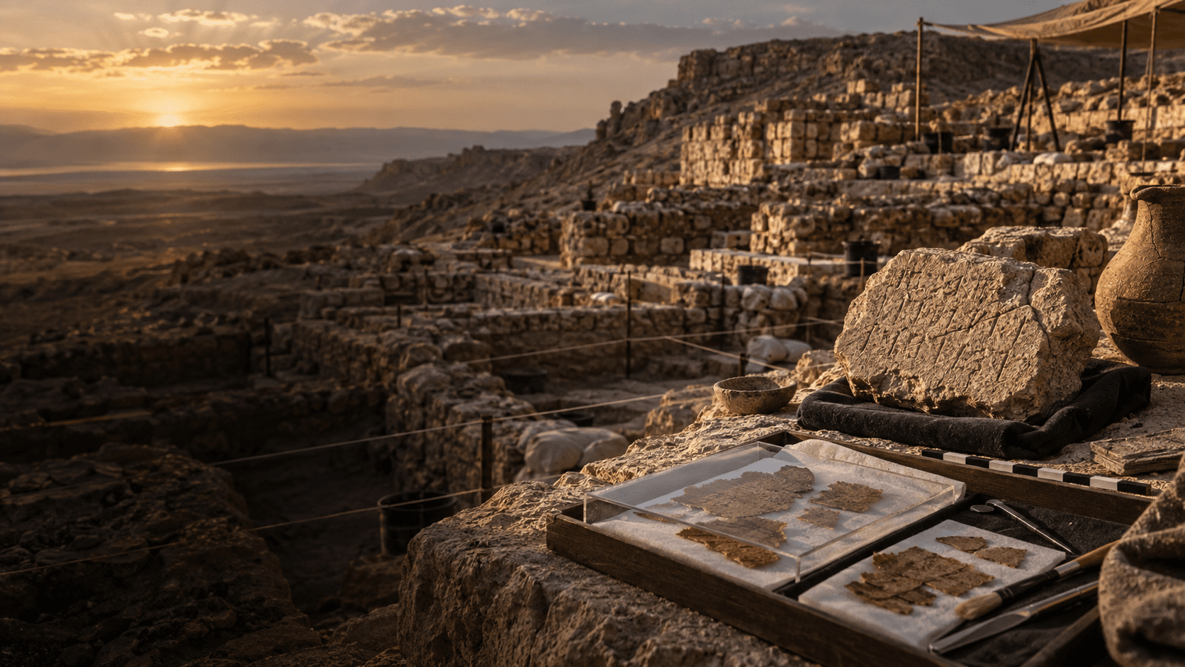 Archaeological excavation and evidence arranged beside an open Bible