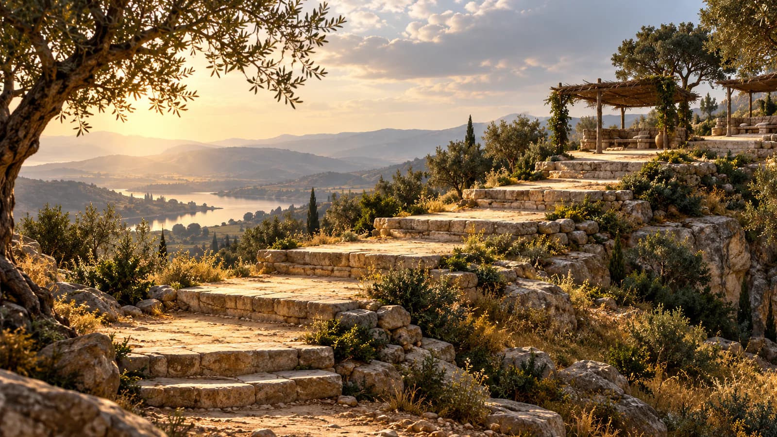 Five sunlit stone terraces ascending toward shaded resting places among olive trees
