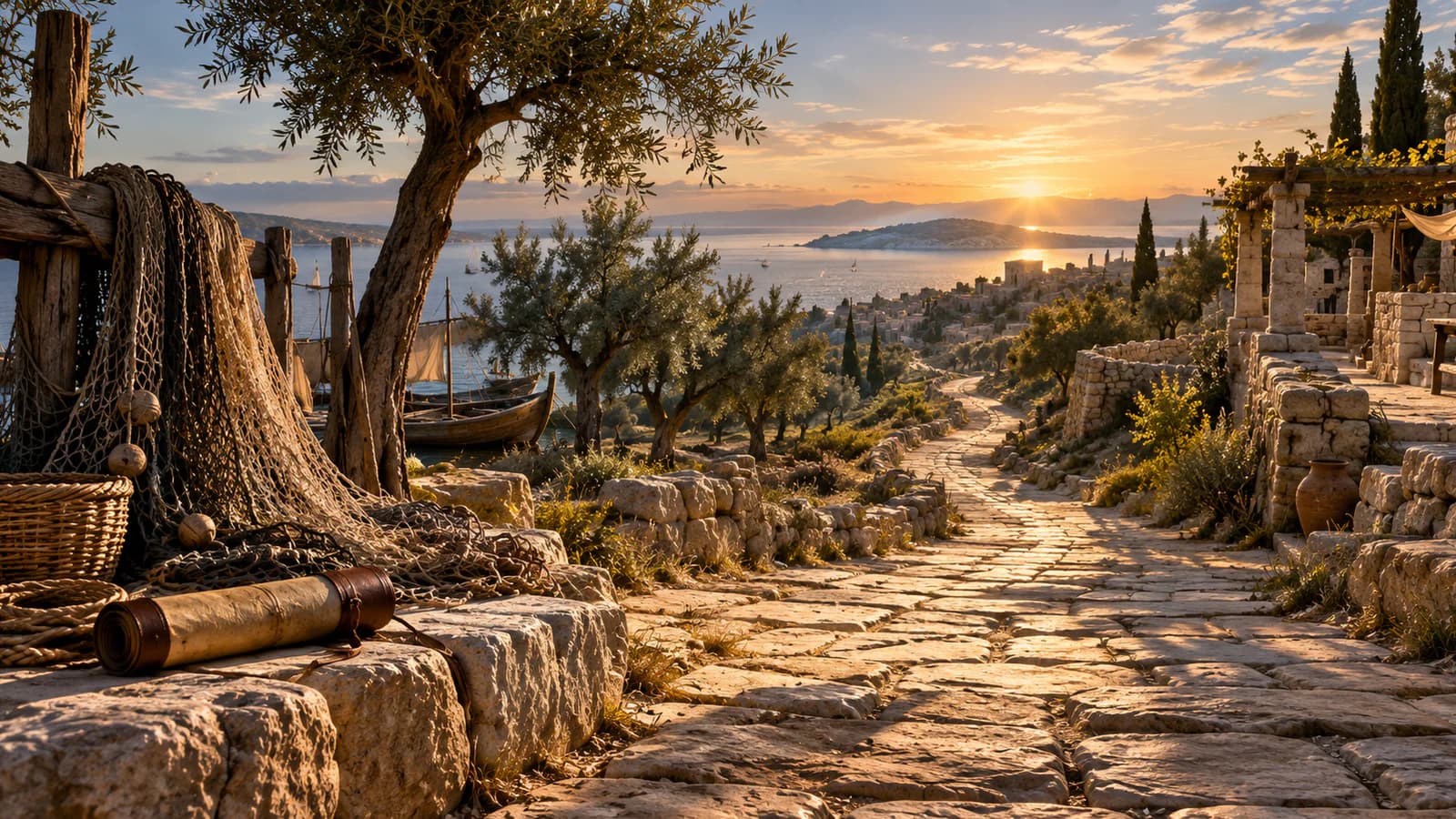 A first-century road leading from a quiet lakeshore through olive country toward the horizon