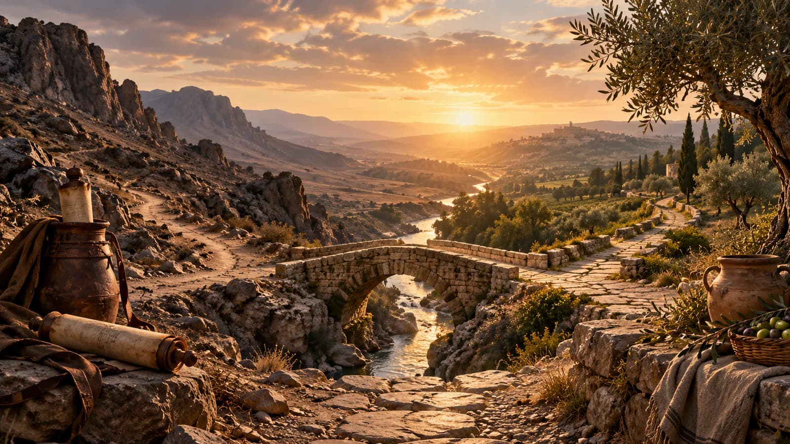 Two ancient paths from wilderness and olive hills converging at a stone bridge
