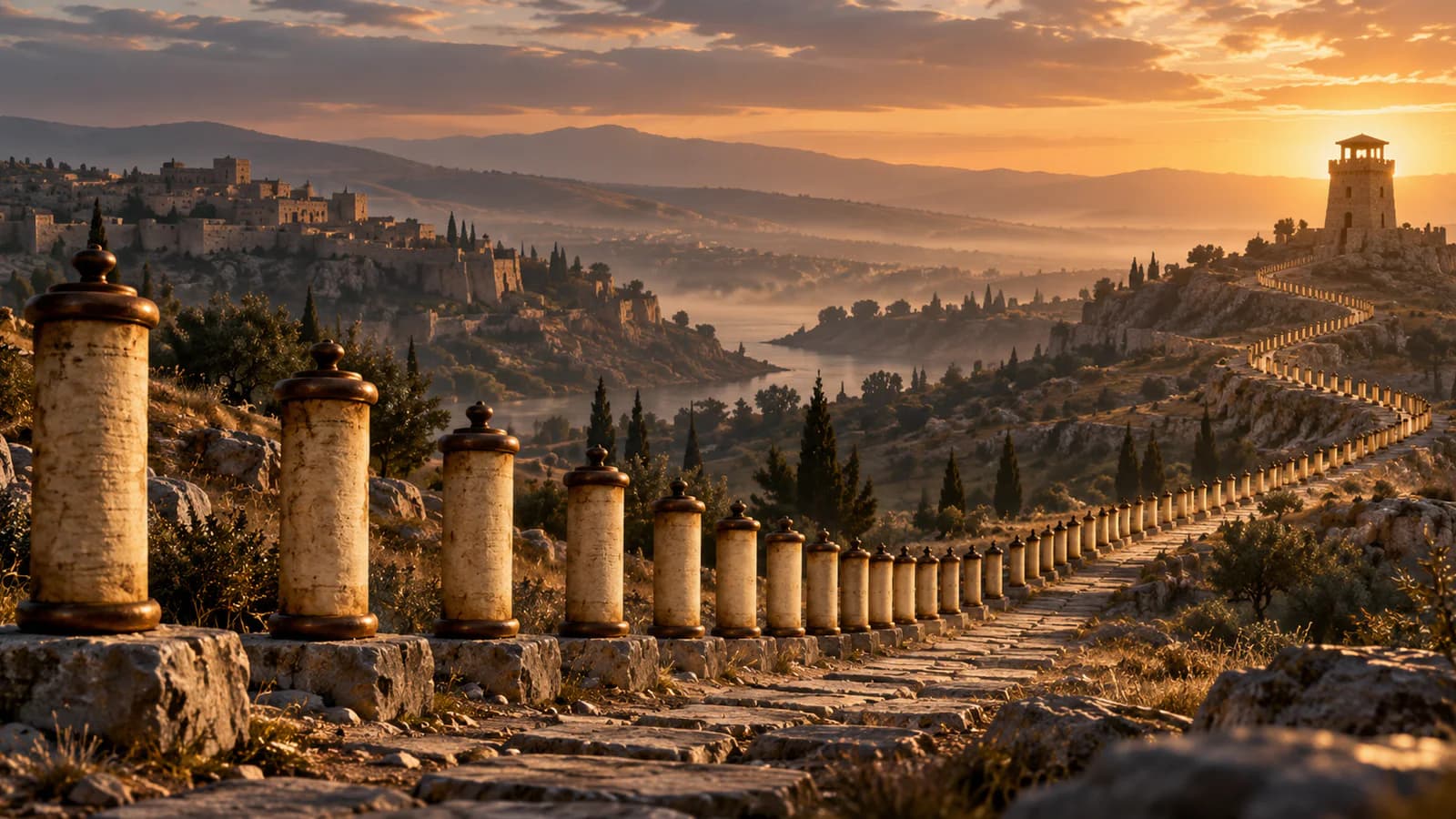 An ordered ancient path lined with scrolls leading toward a watchtower at dawn