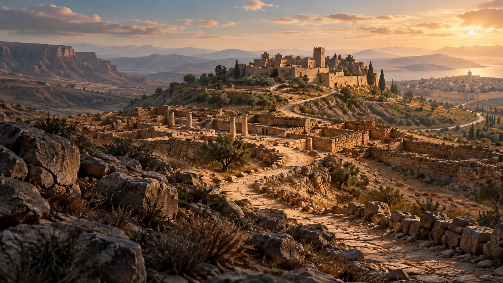 A stone path crossing layered ancient landscapes and historical settlements