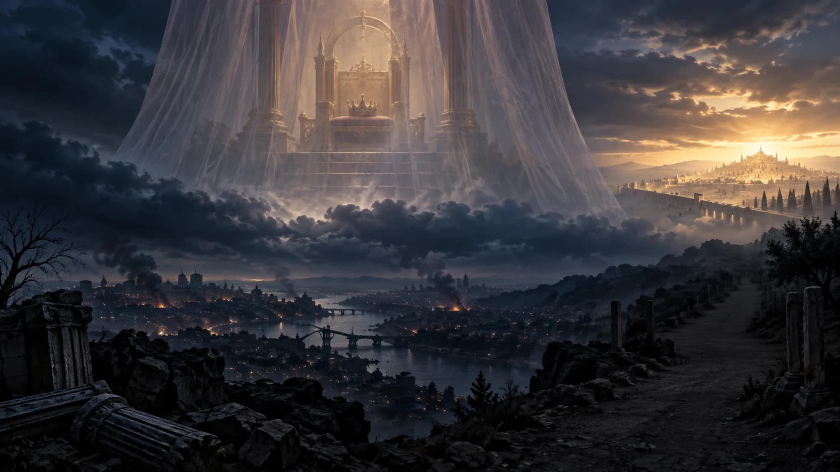 A veiled throne hangs over a war-torn present age while a road leads toward a future Jerusalem