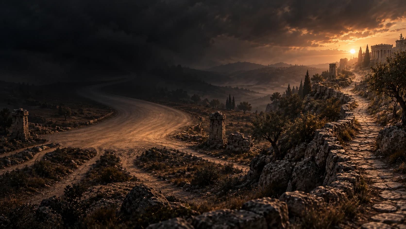 A broad road fades into darkness while a narrow stone path climbs toward dawn