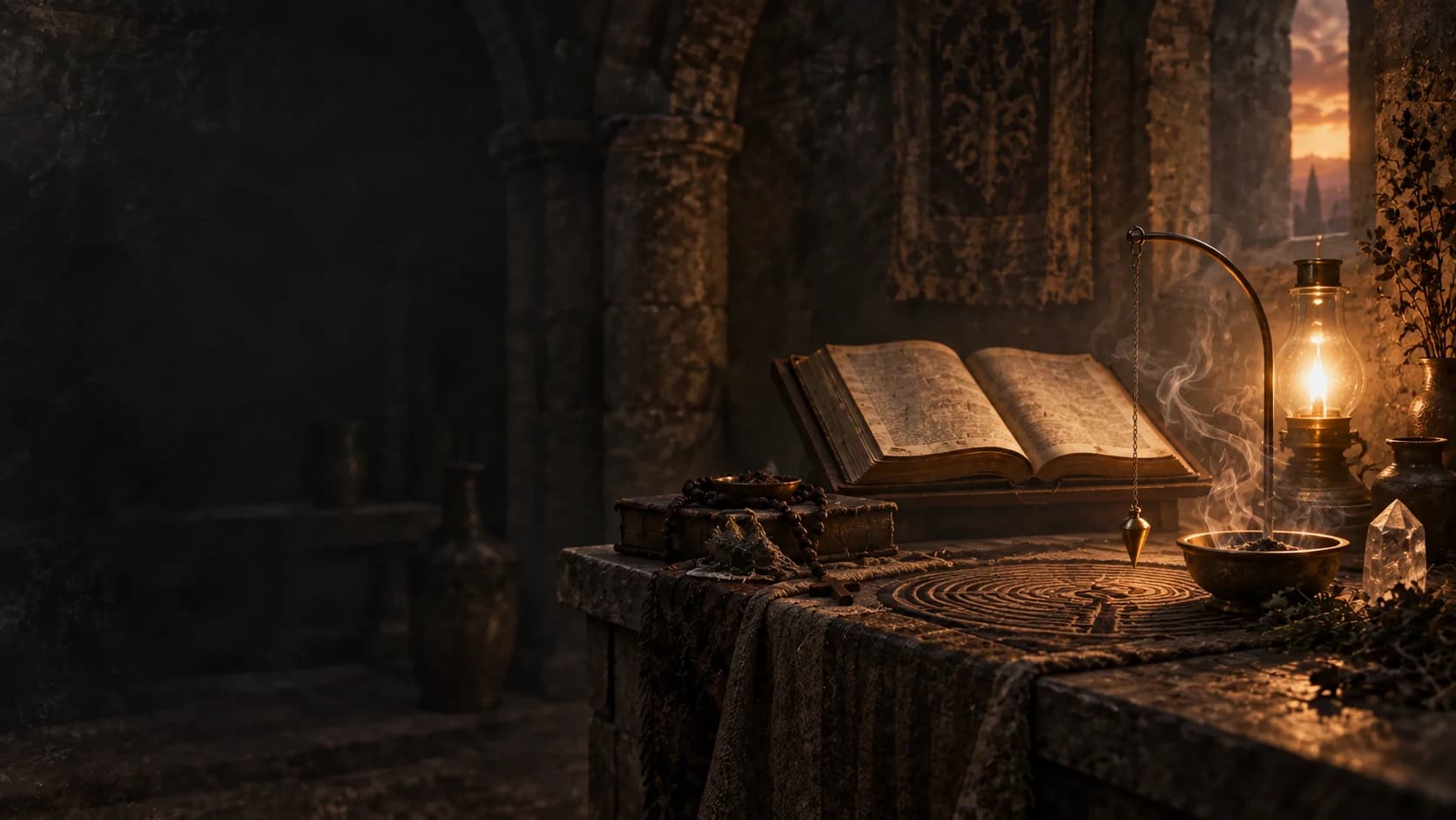 A lamp exposes a pendulum, labyrinth, crystal, and smoke beside an open book