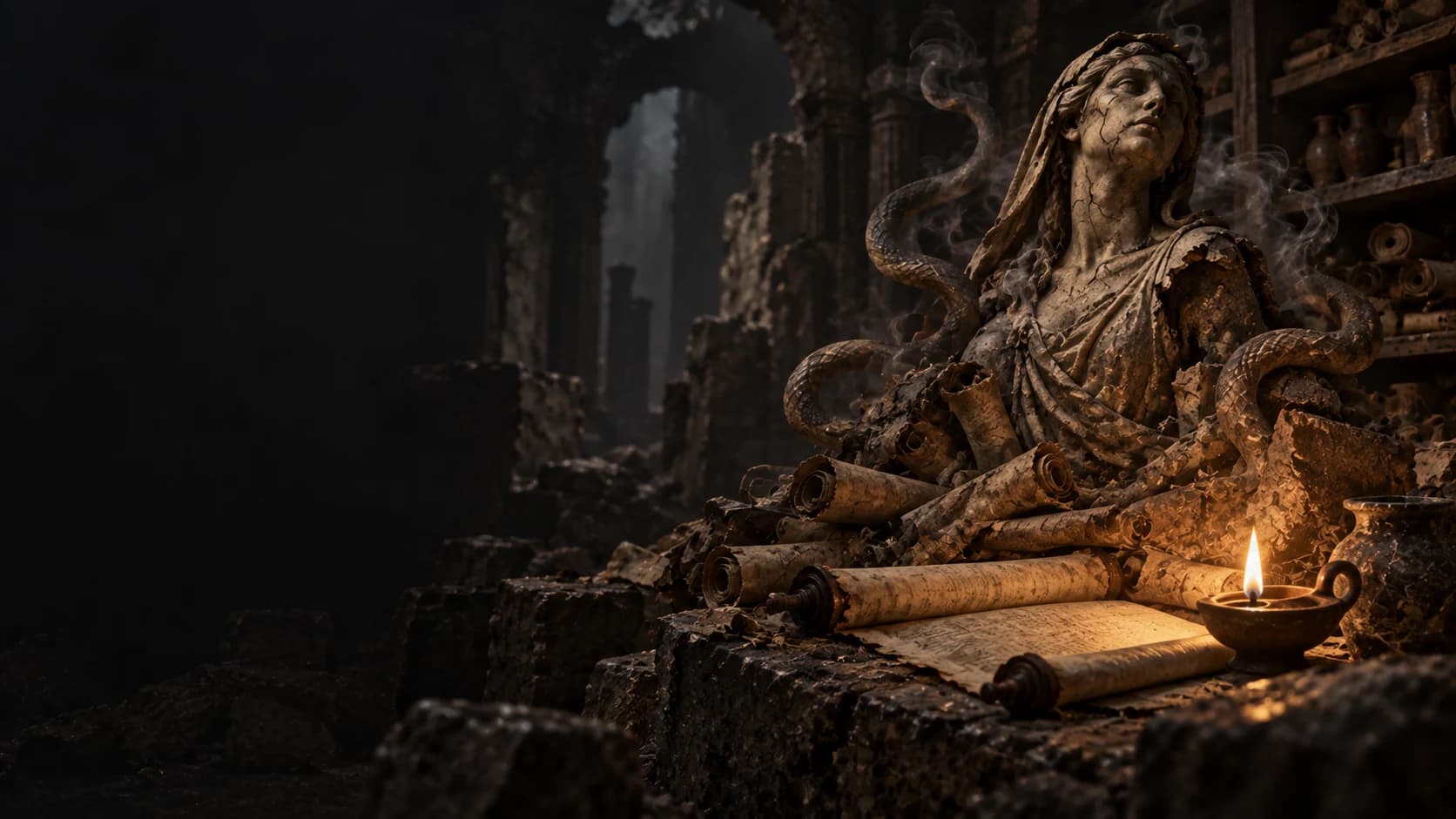 A cracked feminine idol entwined by serpents rises above hidden scrolls