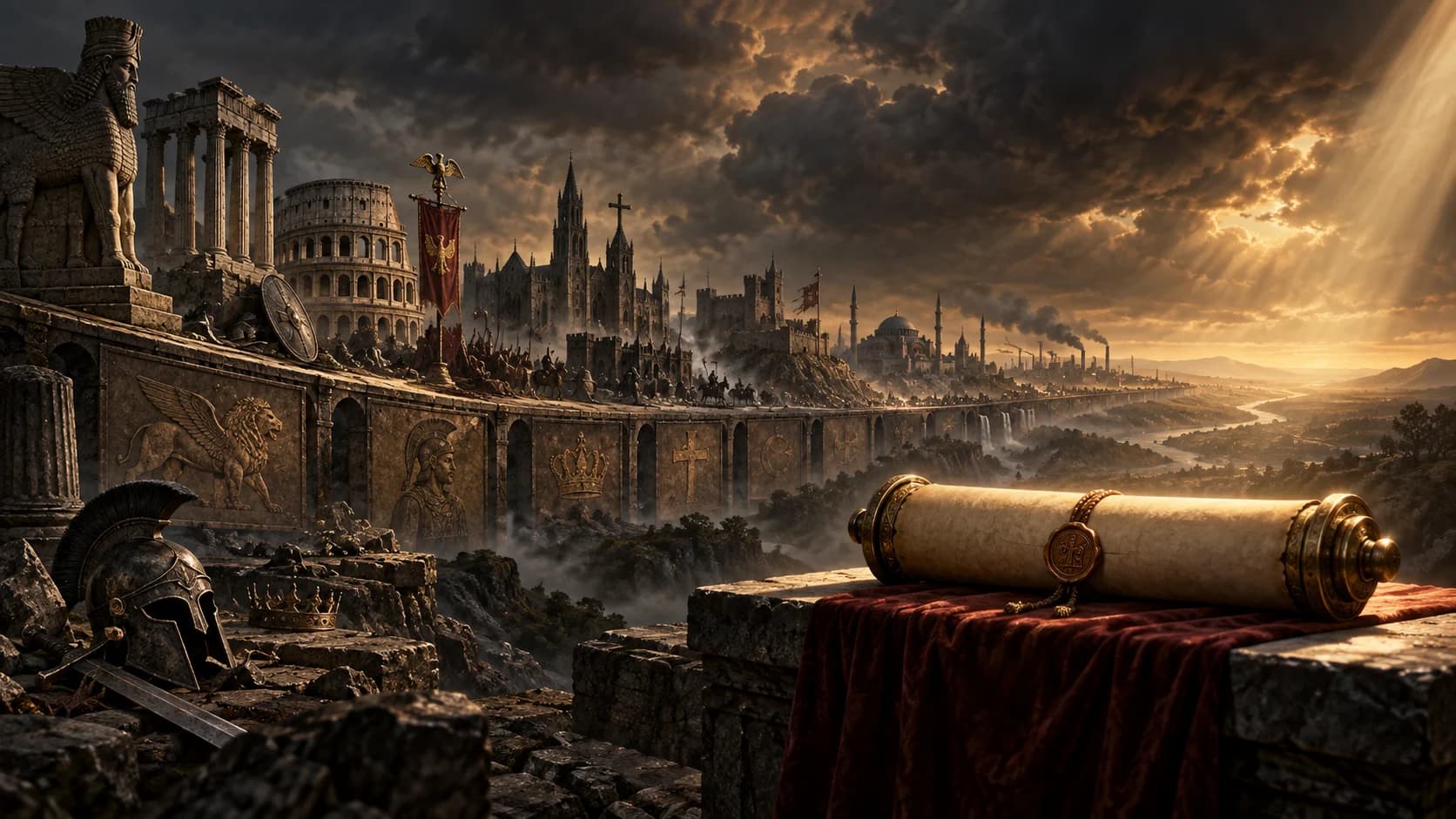 A long corridor of past empires and church history stretches behind a sealed prophetic scroll