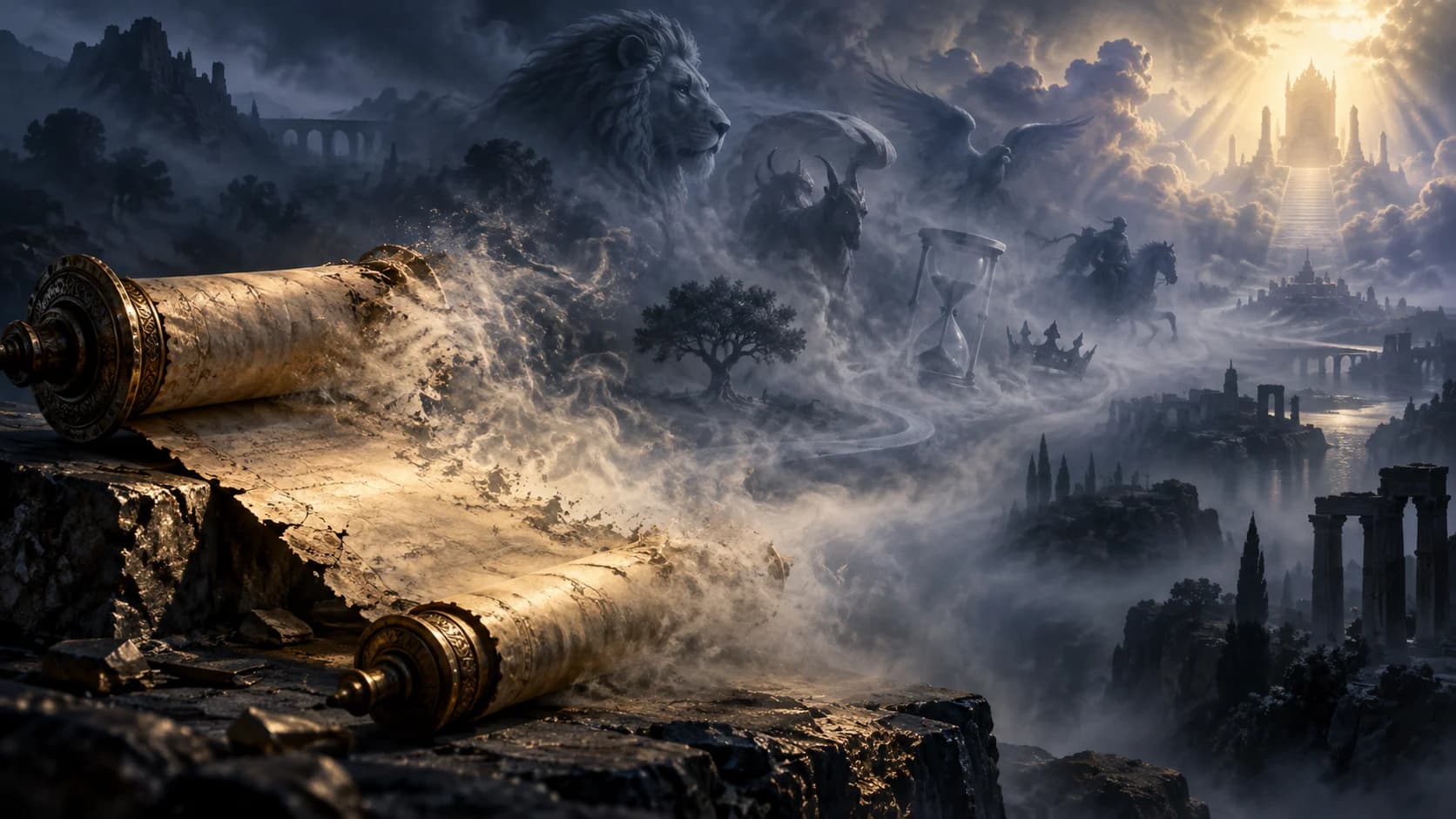A prophetic scroll dissolves into mist filled with recurring beasts, crowns, and distant kingdoms