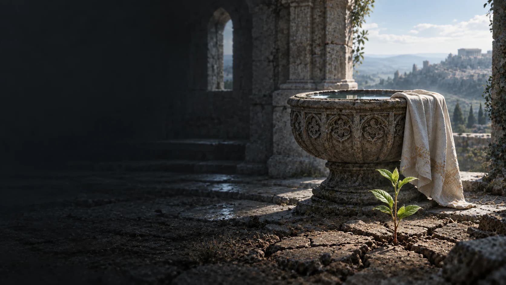 An ornate baptismal font stands beside a living shoot in cool morning light