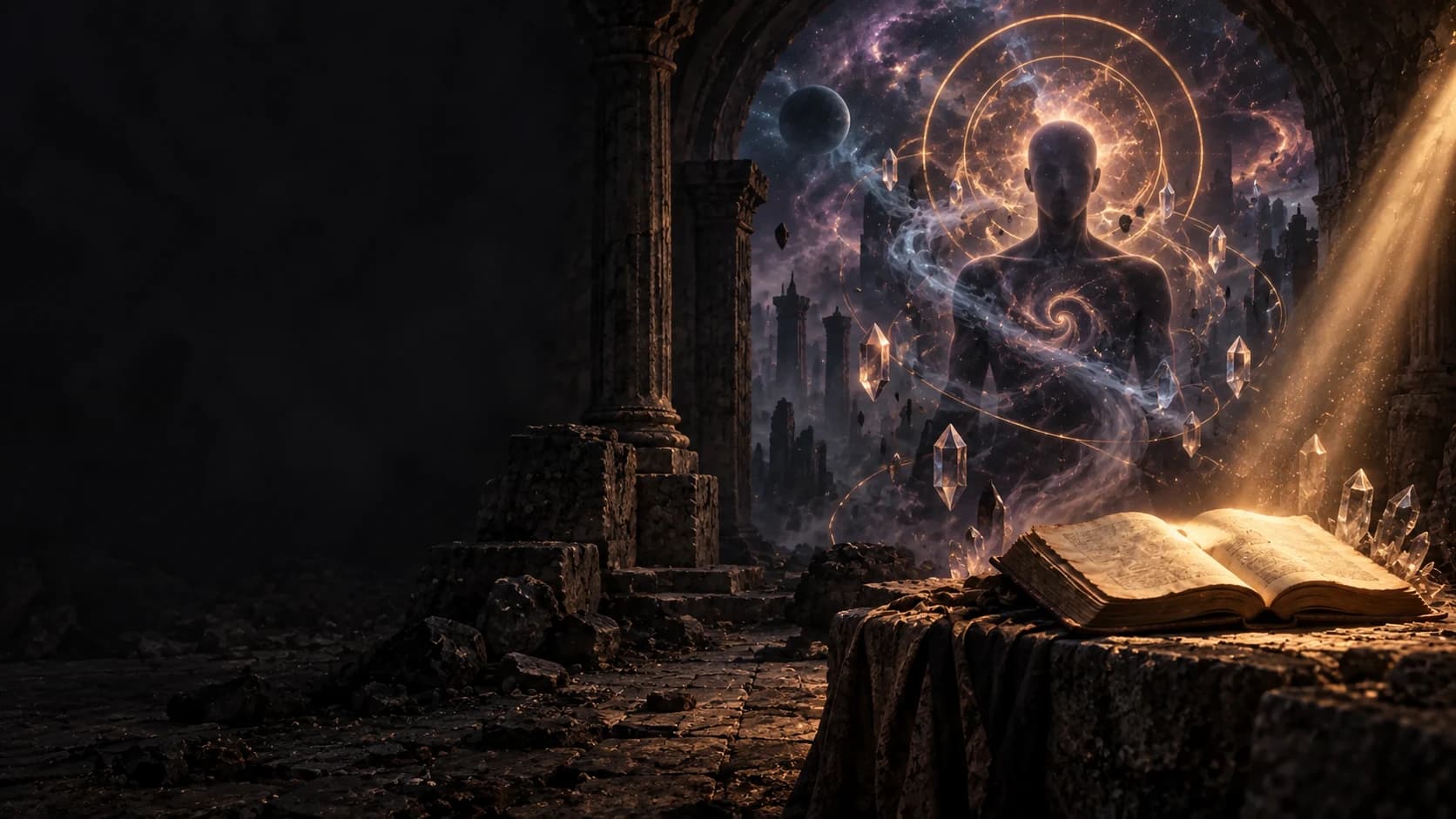 A cosmic human silhouette and crystals hover beside an illuminated open book