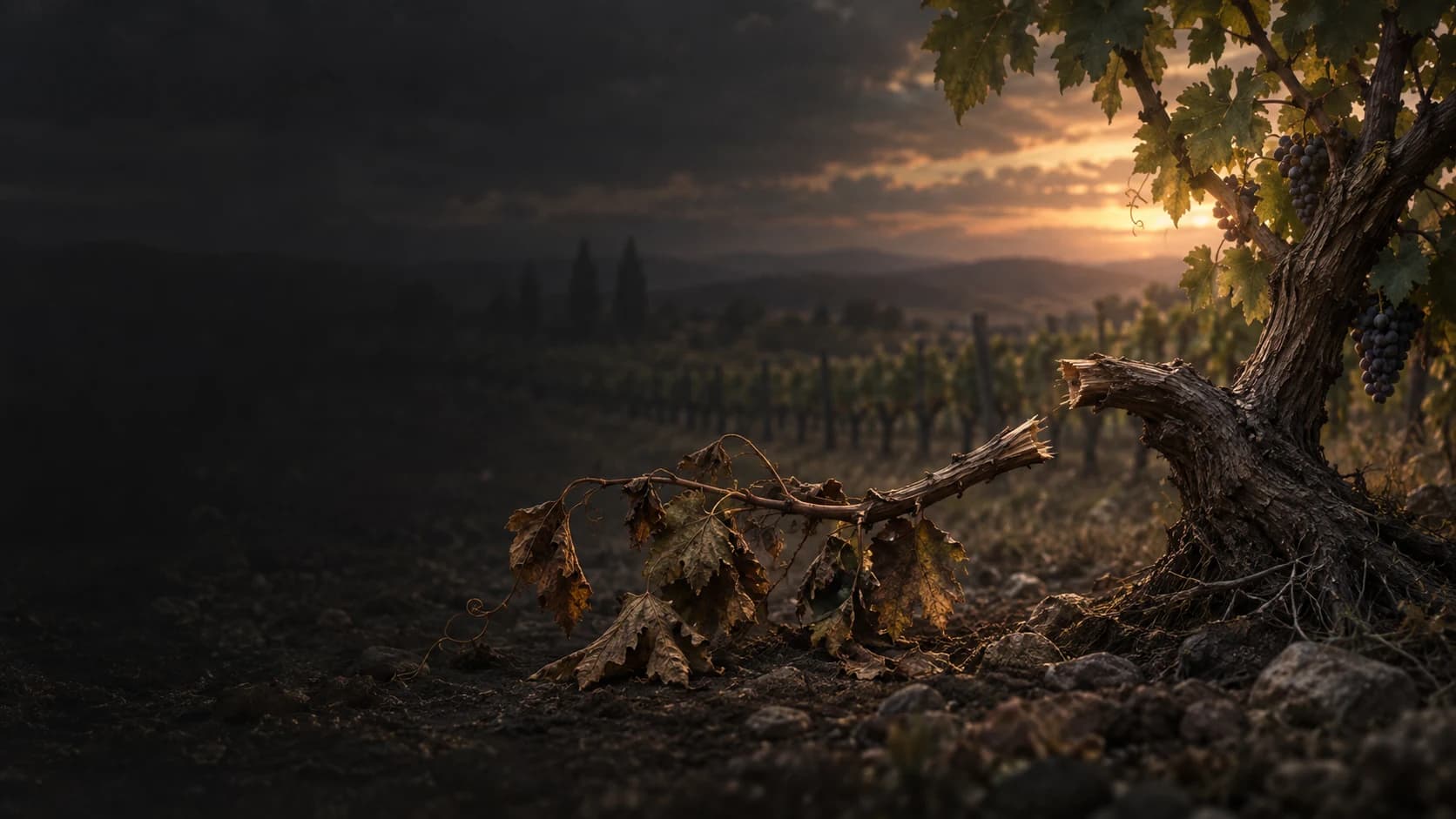 A severed, withering vine branch lies beside a living grapevine at dusk