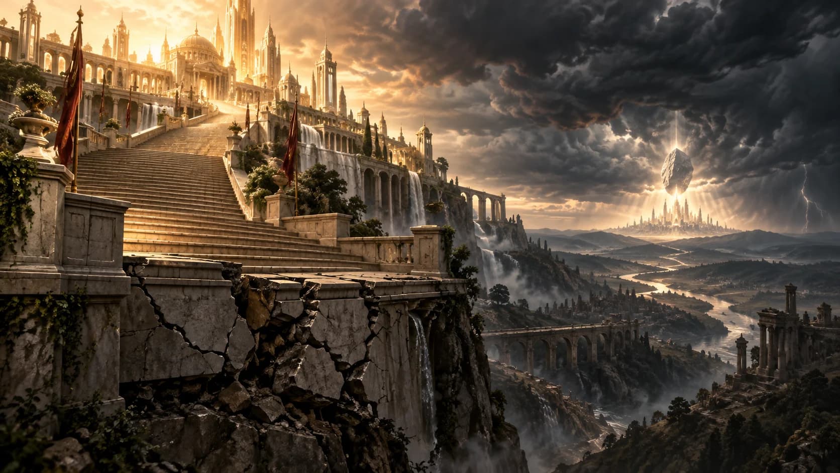 A radiant human-built golden city rises on a fractured foundation beneath an approaching storm
