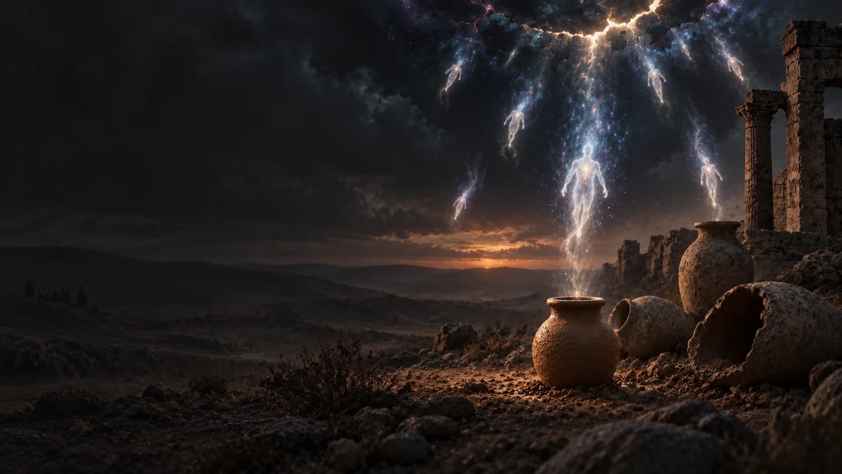 Human-shaped lights descend from a fractured night sky toward clay vessels