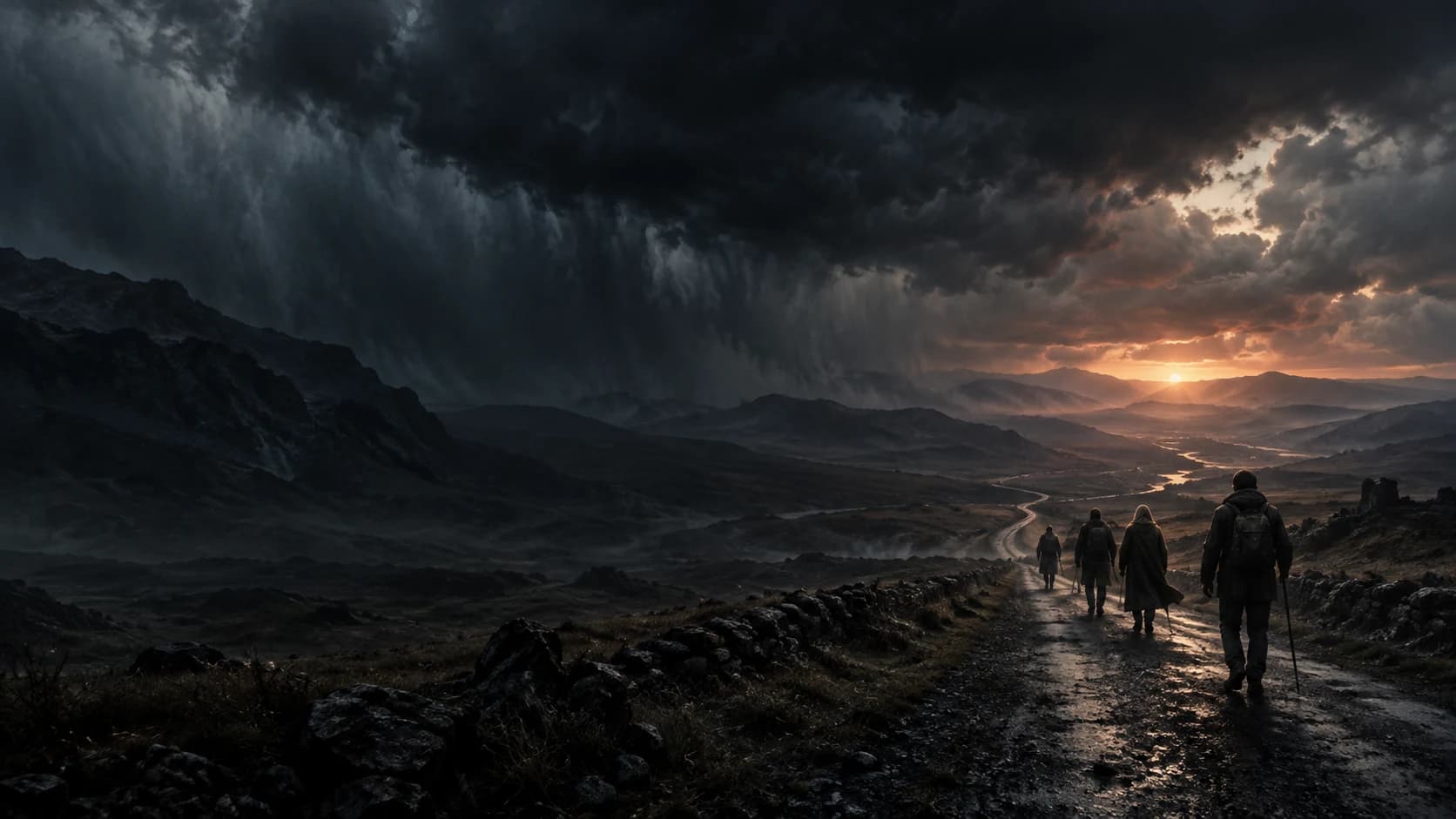 Faithful travelers continue along a storm-bound road toward distant light