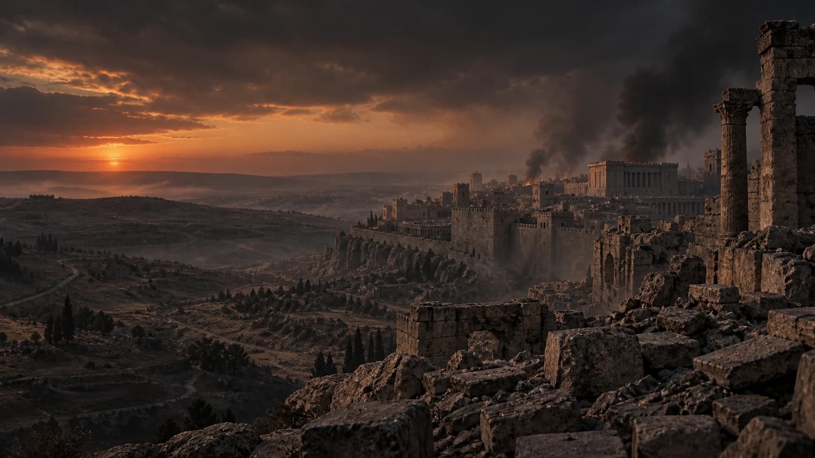 Ruins of first-century Jerusalem under smoke and a darkening sunset