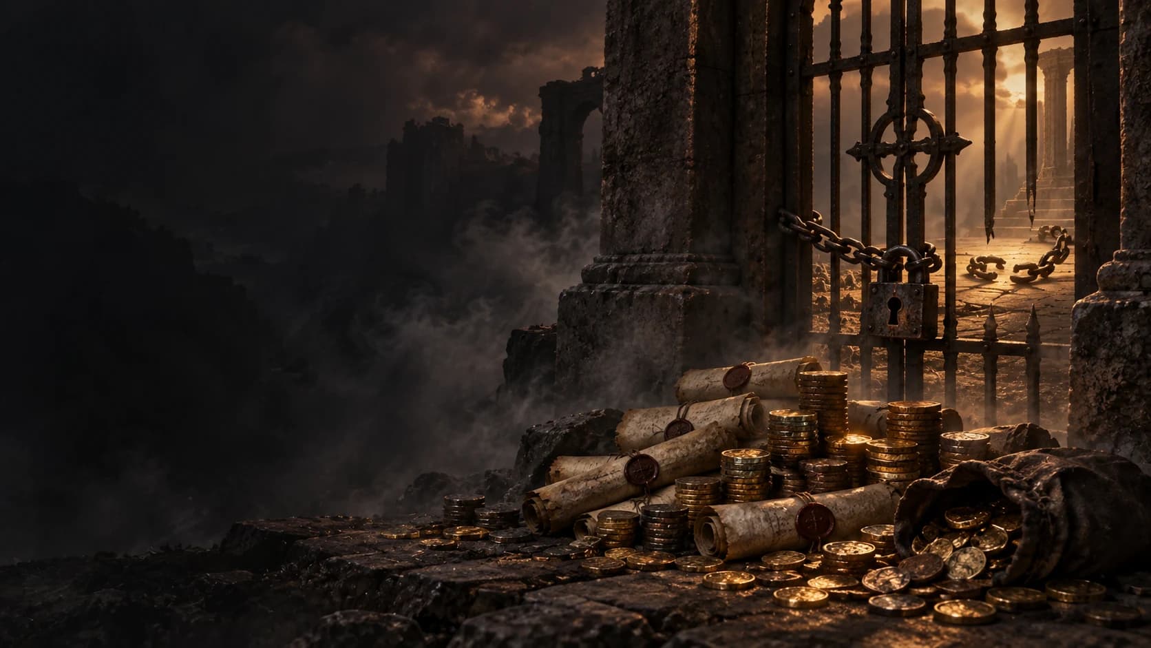 Coins and sealed parchments lie before a locked gate with a broken chain beyond