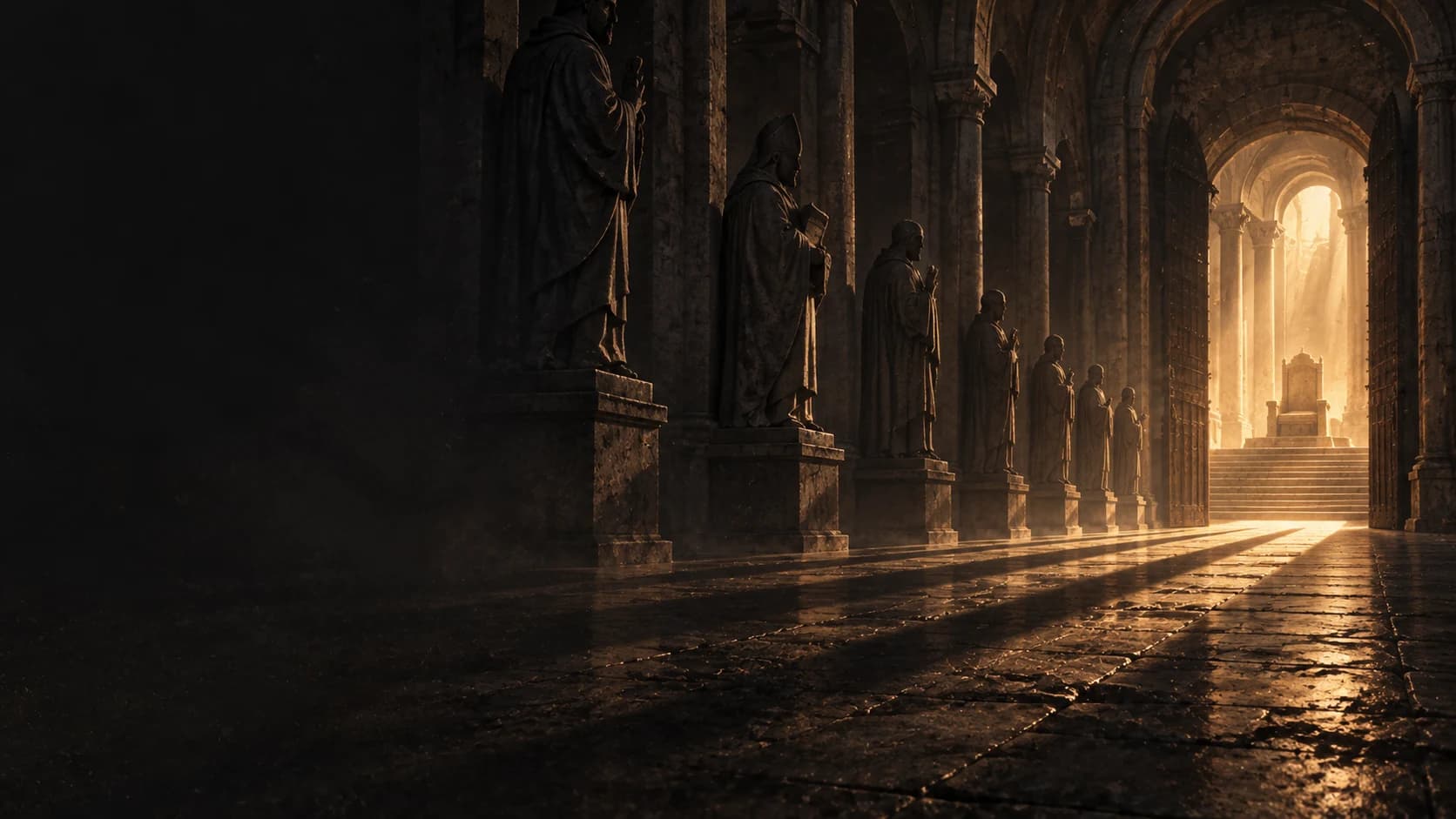 A shadowed gallery of stone mediators leads toward an open illuminated passage