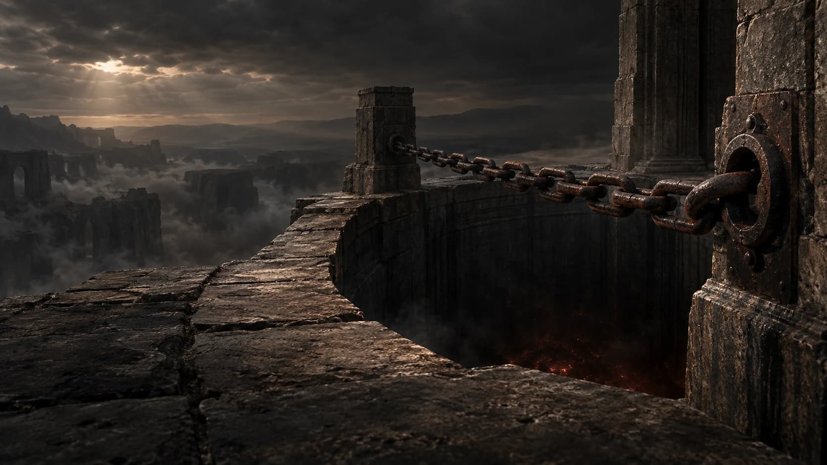 A heavy iron chain seals a shadowed stone abyss beneath a storm-darkened sky