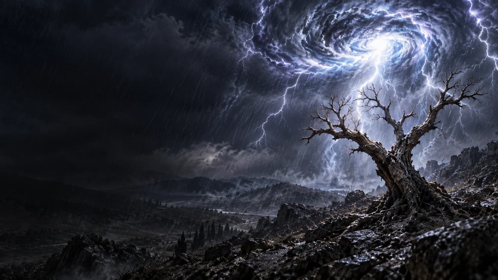 Lightning swirls above a barren fruitless tree in a rain-lashed valley