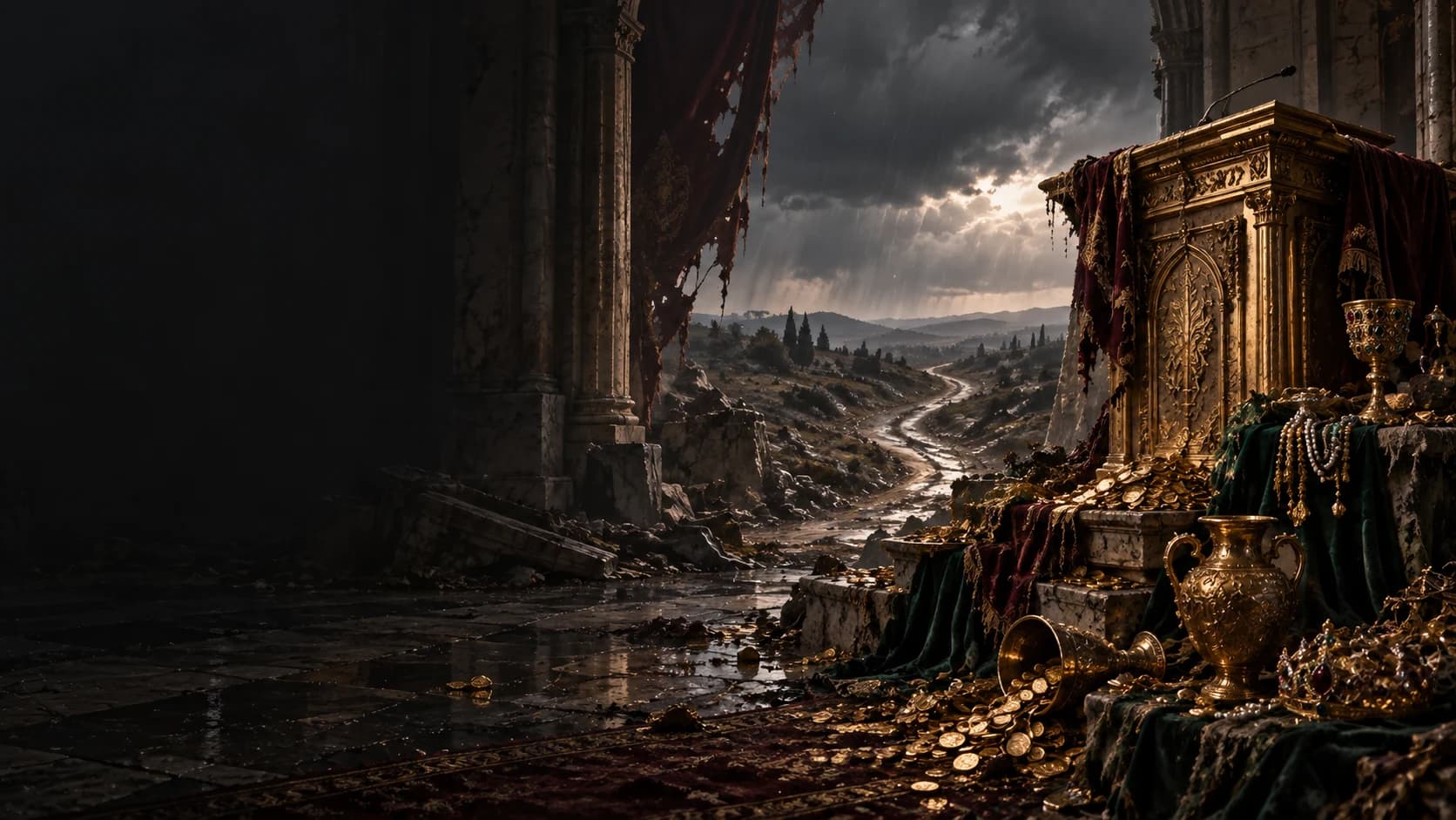 Decaying riches surround an ornate pulpit beside a hard rain-soaked road