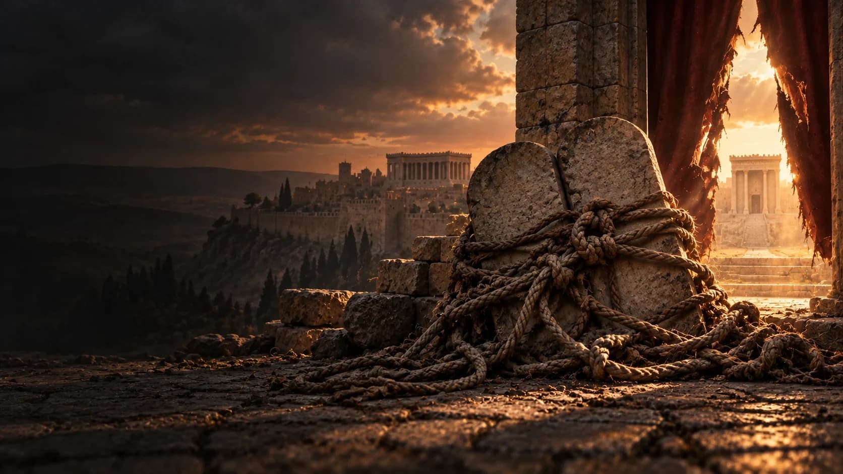 Stone tablets bound in heavy cords stand beside a torn temple veil