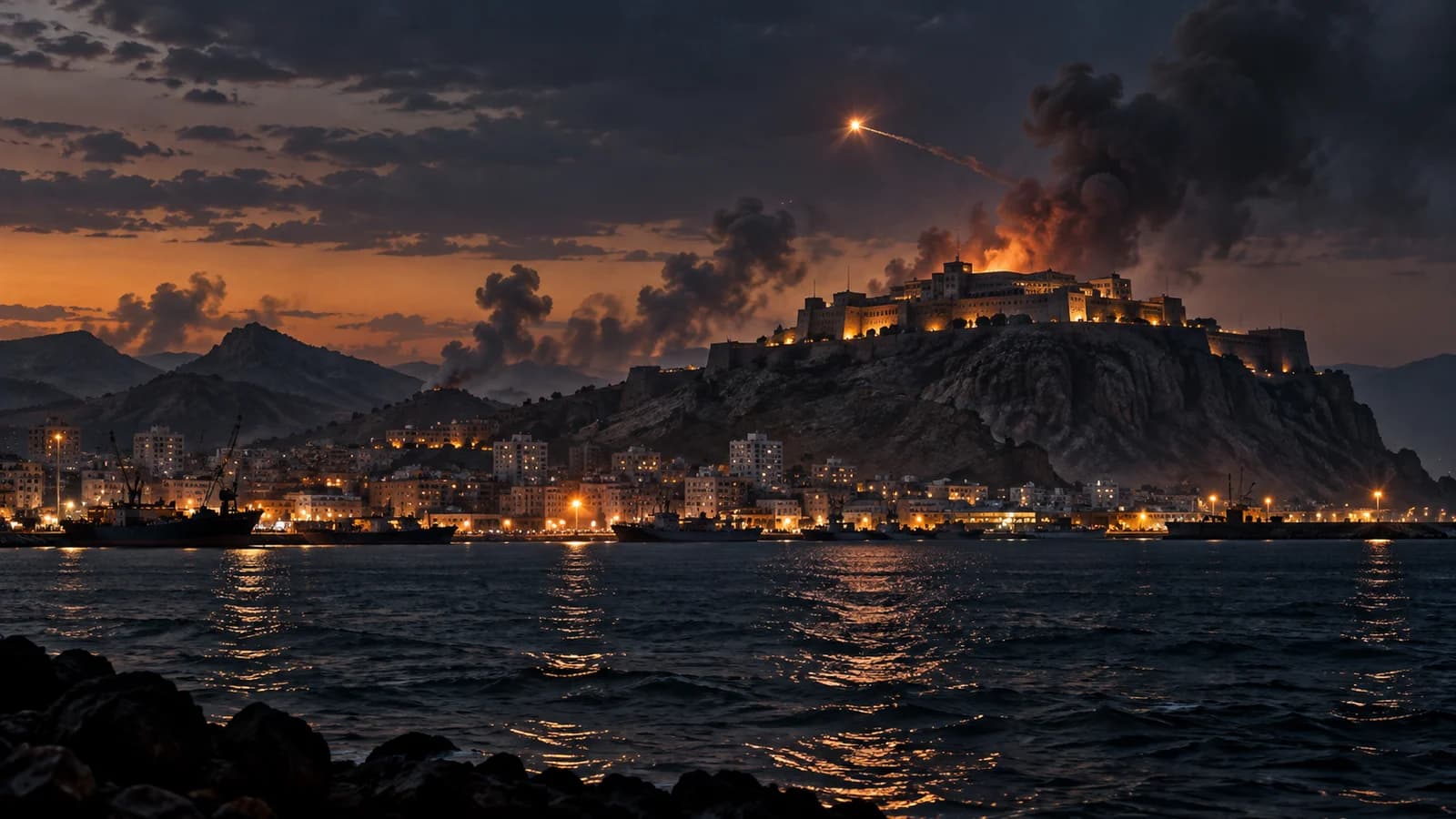 Original conceptual editorial artwork of a fortified hilltop government compound above an anonymous coastal city during a distant attack; not documentary imagery of Aden or Maashiq Palace