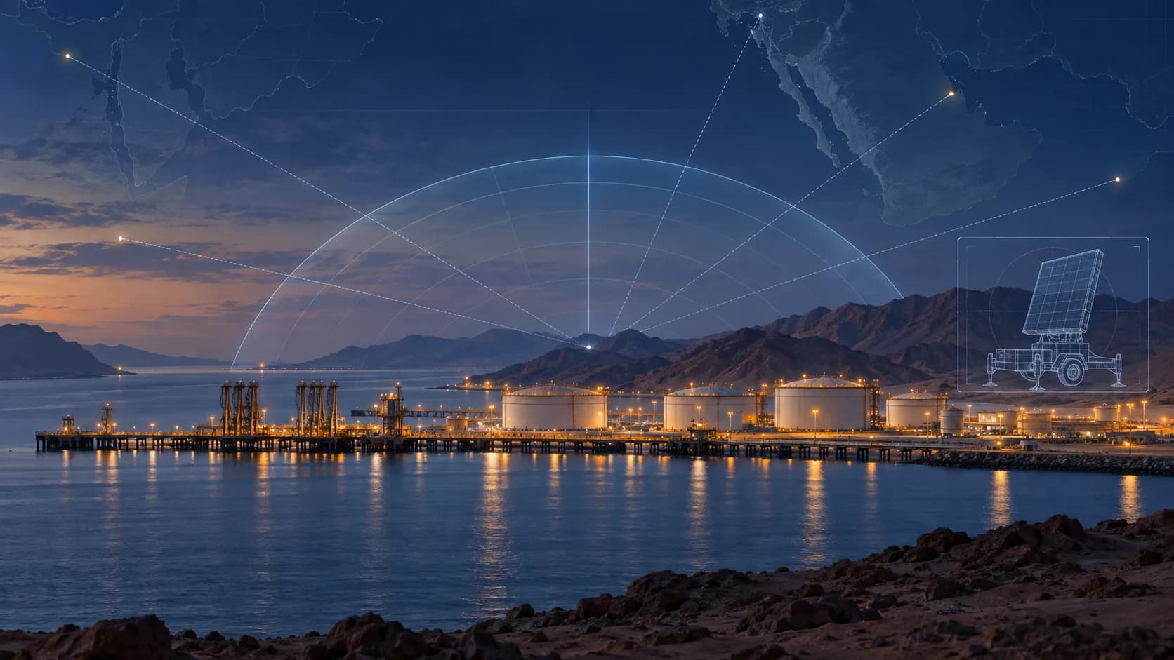 Original Watchman 33 conceptual editorial artwork of a Red Sea energy port beneath radar-grid and coordination overlays, with a blueprint-style defensive radar symbol