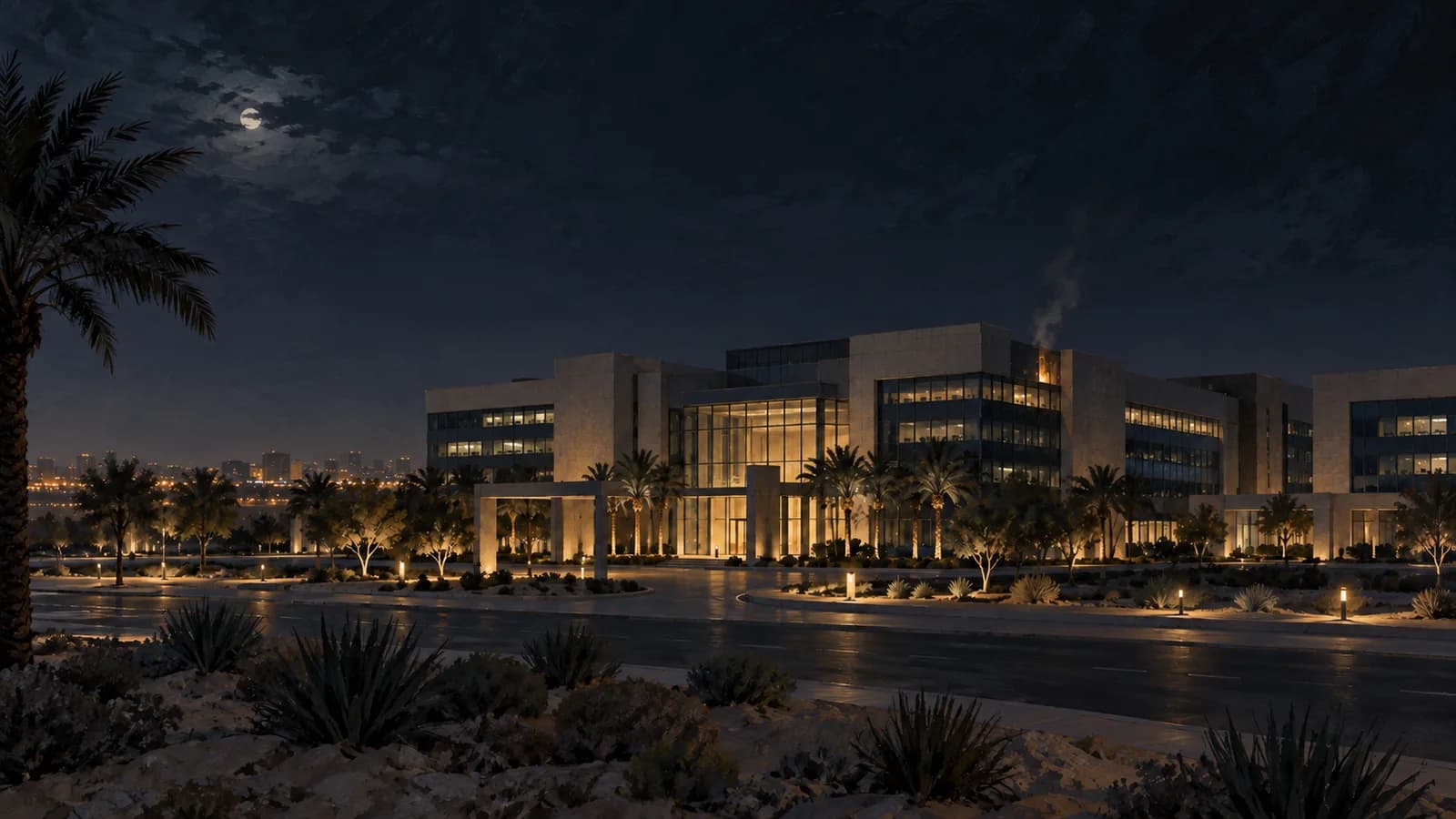 Original painterly editorial illustration of an anonymous Gulf-region administrative campus at night with a small contained glow and faint smoke; not documentary imagery of Aramco or the attack