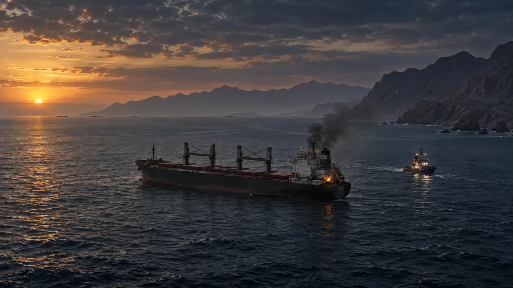 Original Watchman 33 editorial artwork of a disabled generic cargo vessel near Oman's mountainous coast with a rescue vessel approaching at dawn