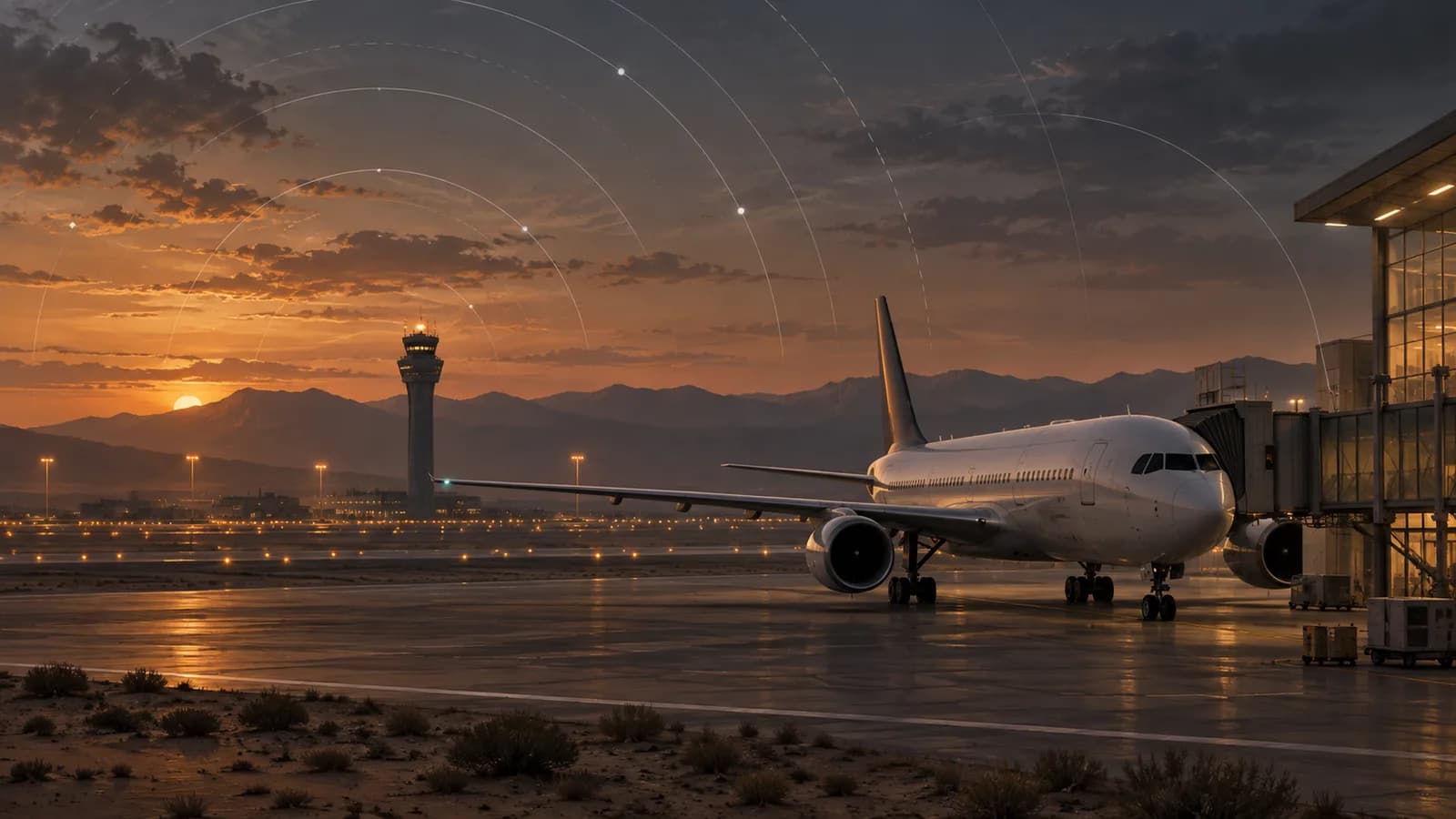Original conceptual editorial artwork of an unmarked passenger aircraft at a desert airport at dusk with abstract airspace arcs; not a photograph of an attack