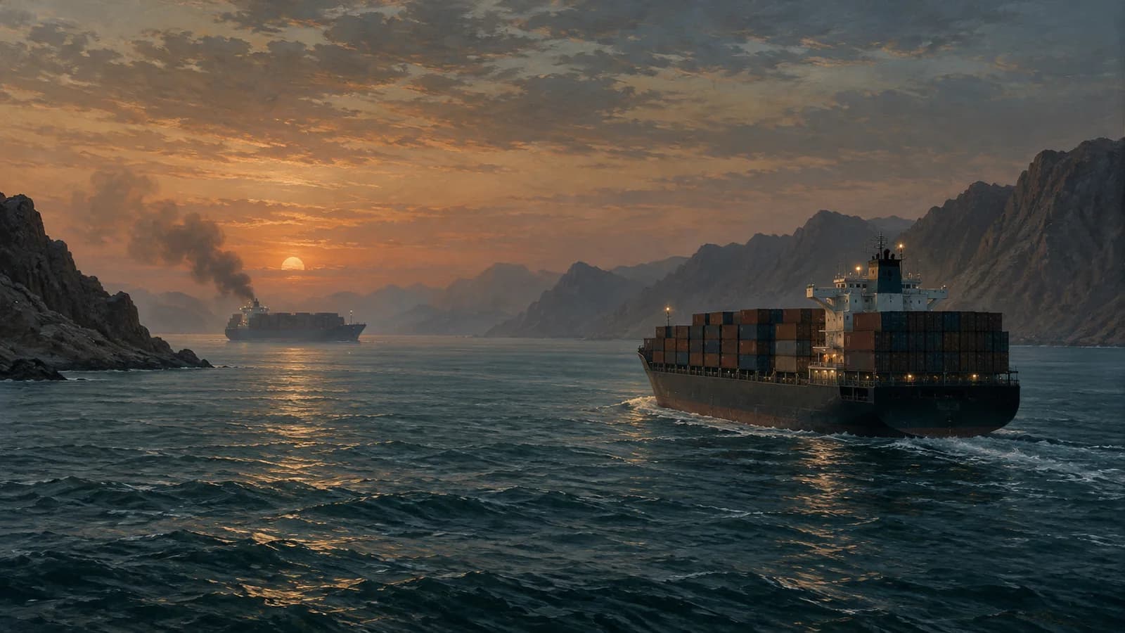 Original painterly editorial illustration of two anonymous container ships in a narrow Gulf shipping lane at dawn, one with a distant smoke plume; not documentary imagery of GFS Pride, GFS Giselle, or the attacks