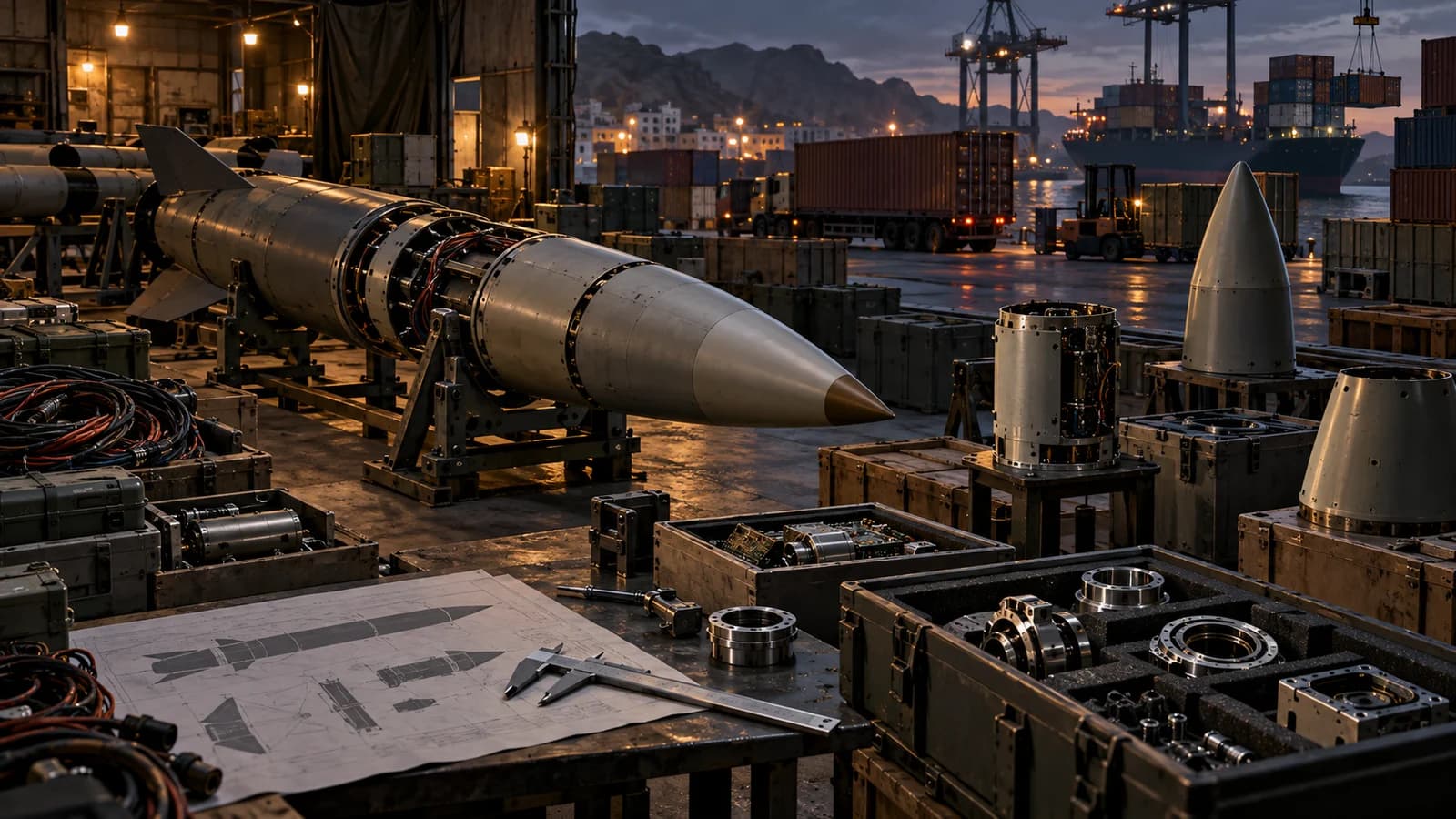 Original conceptual editorial artwork of an anonymous ballistic missile under assembly beside precision components and cargo crates; not documentary imagery of Houthi weapons or seized parts