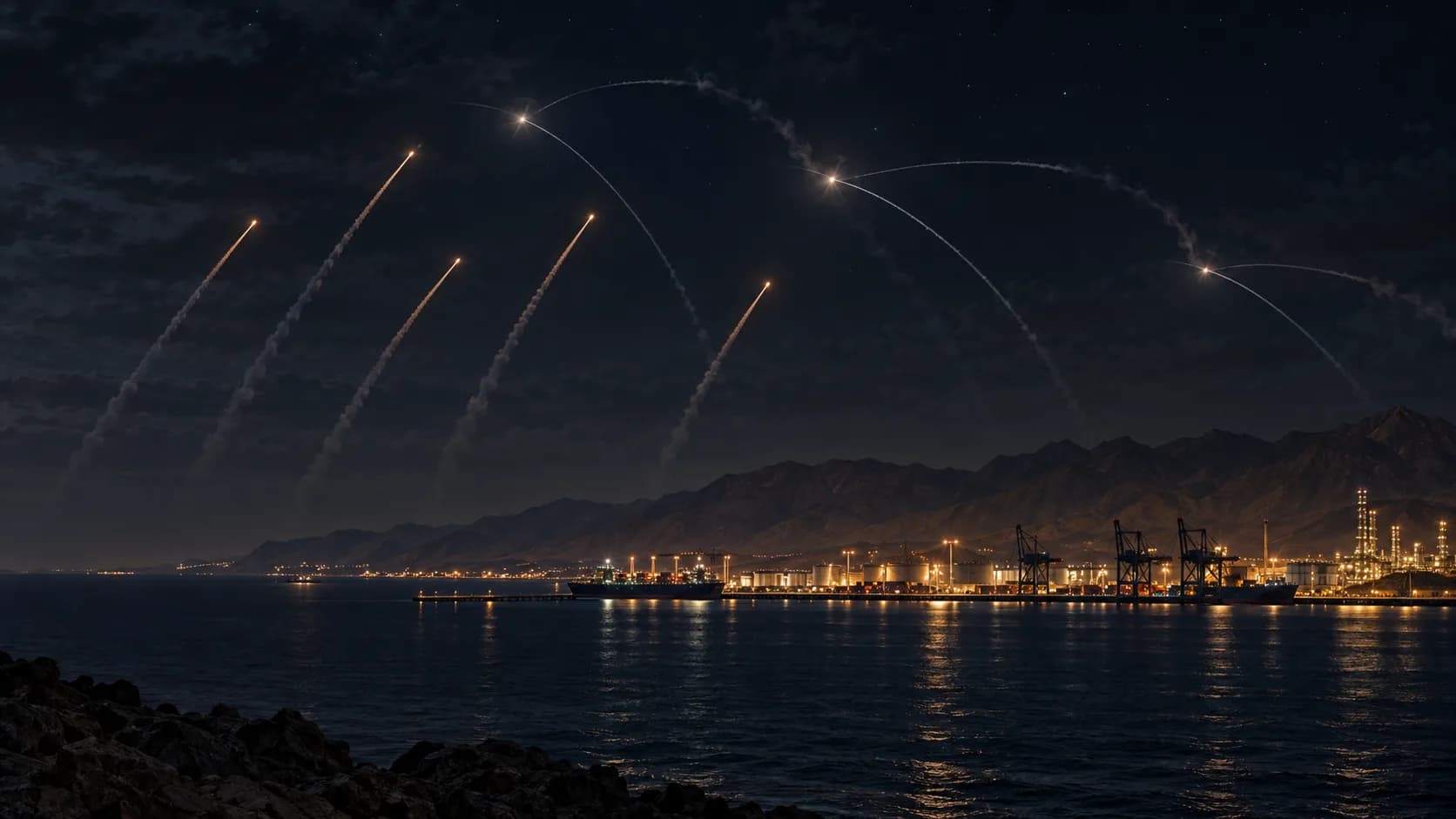 Original Watchman 33 editorial artwork of restrained missile and interceptor trails above a generic Red Sea industrial port at night