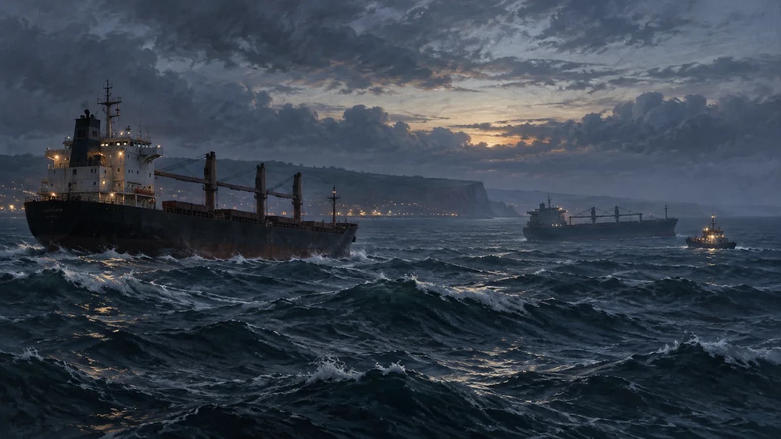 Original painterly editorial illustration of two anonymous merchant ships and a rescue vessel in unsettled Black Sea waters; not documentary imagery of HS Dignity, Chelsea-3, or the attacks