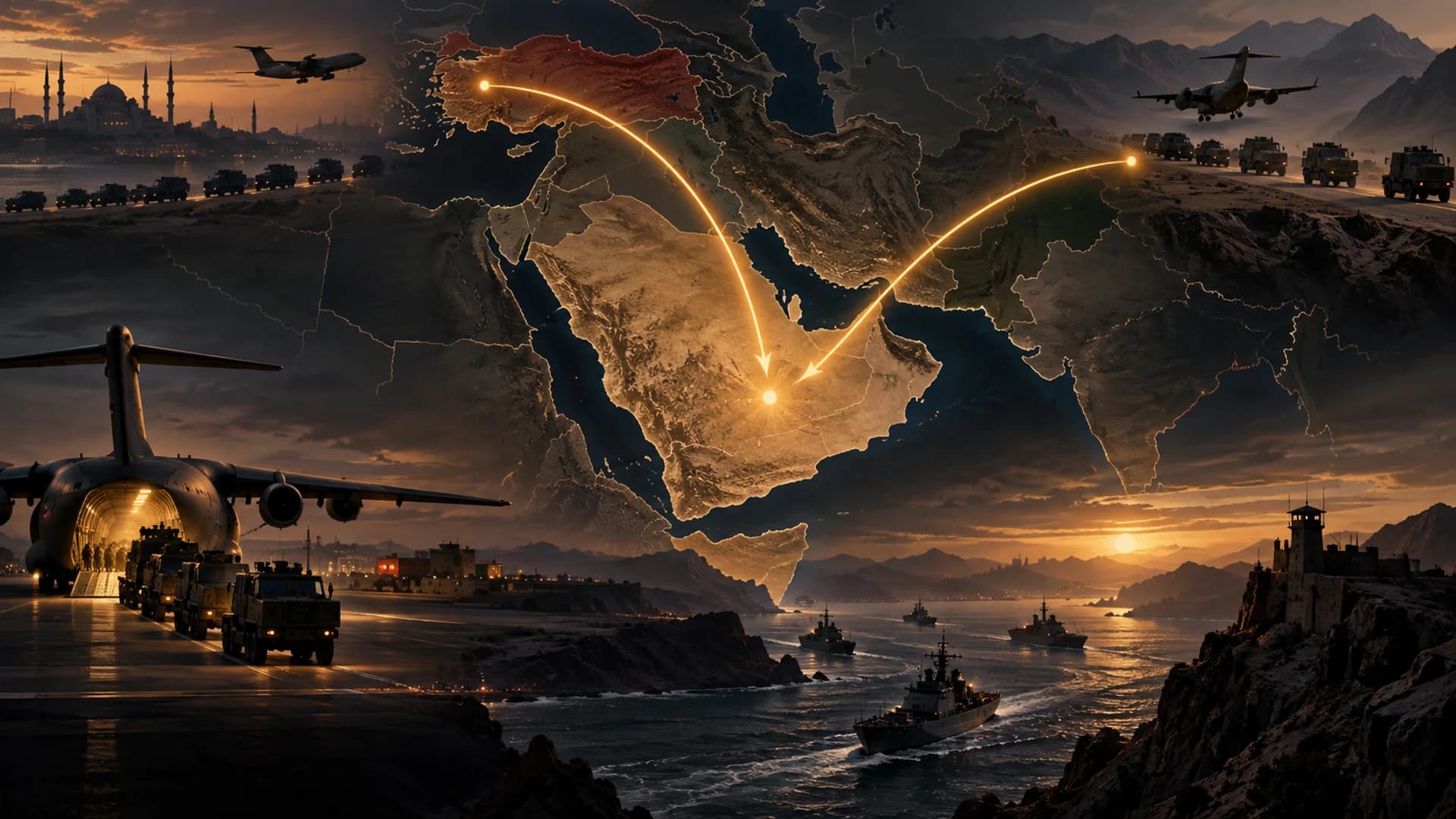 Original Watchman 33 conceptual editorial artwork showing three illuminated routes converging on the Arabian Peninsula with transport aircraft and military logistics silhouettes