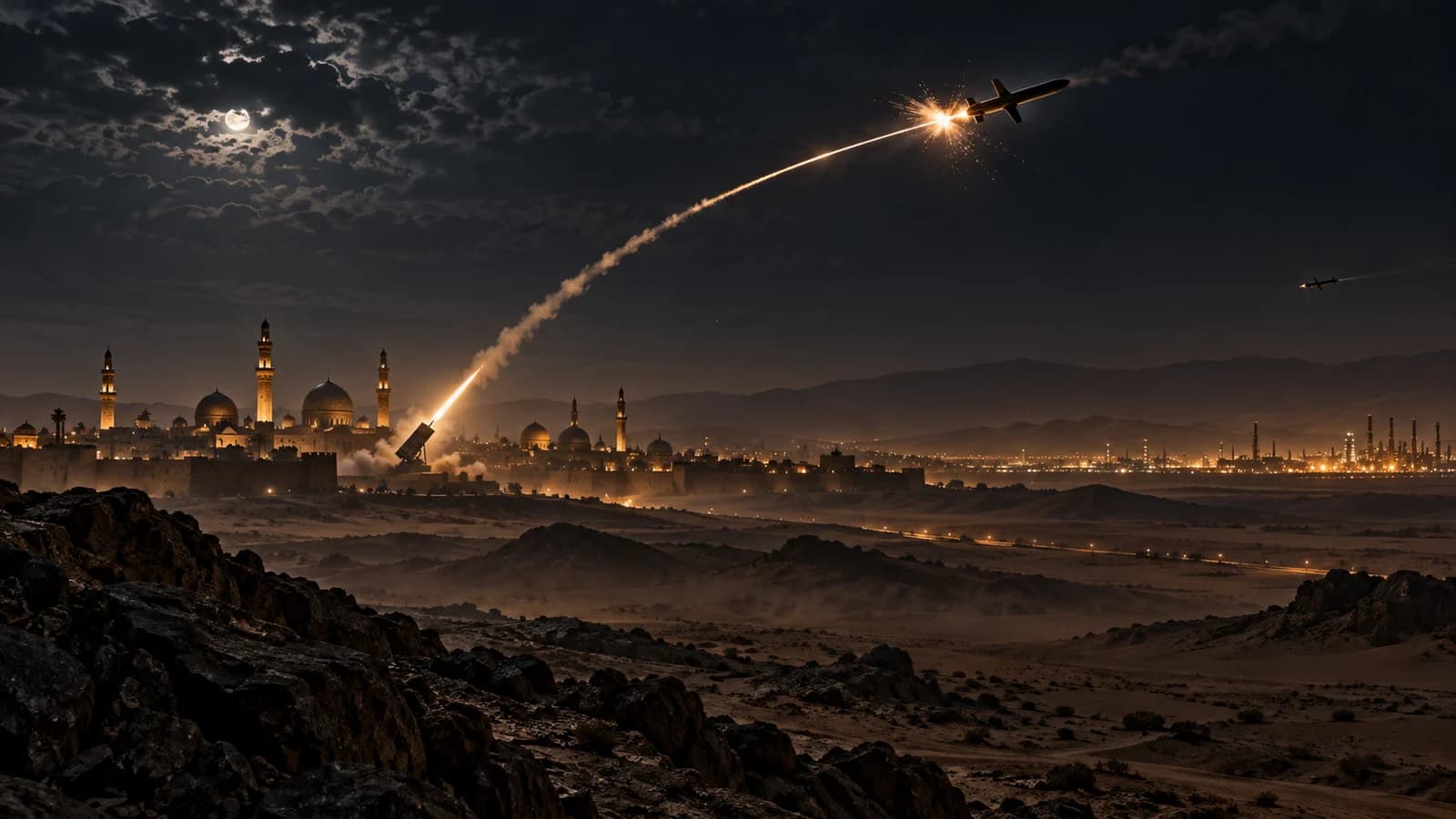 Original conceptual editorial artwork of a defensive missile interception above an anonymous Arabian city and distant industrial horizon; not documentary imagery of Medina or the reported attacks