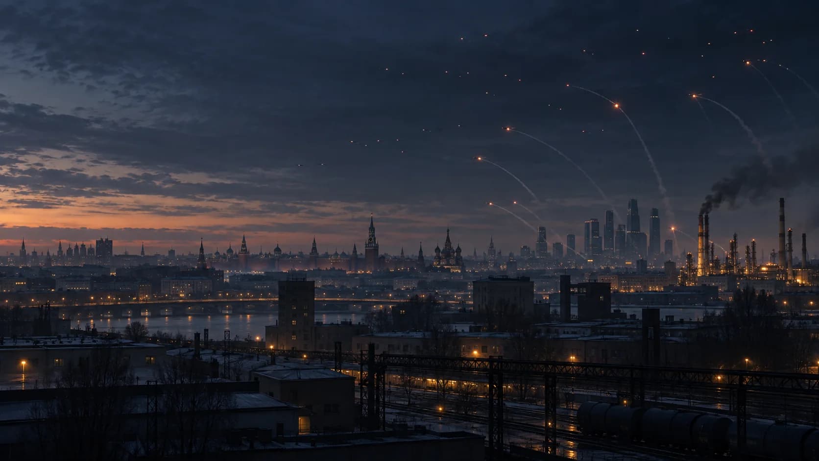 Original Watchman 33 editorial artwork showing Moscow before dawn beneath distant drone lights and restrained air-defense arcs, with an industrial glow and smoke on the horizon