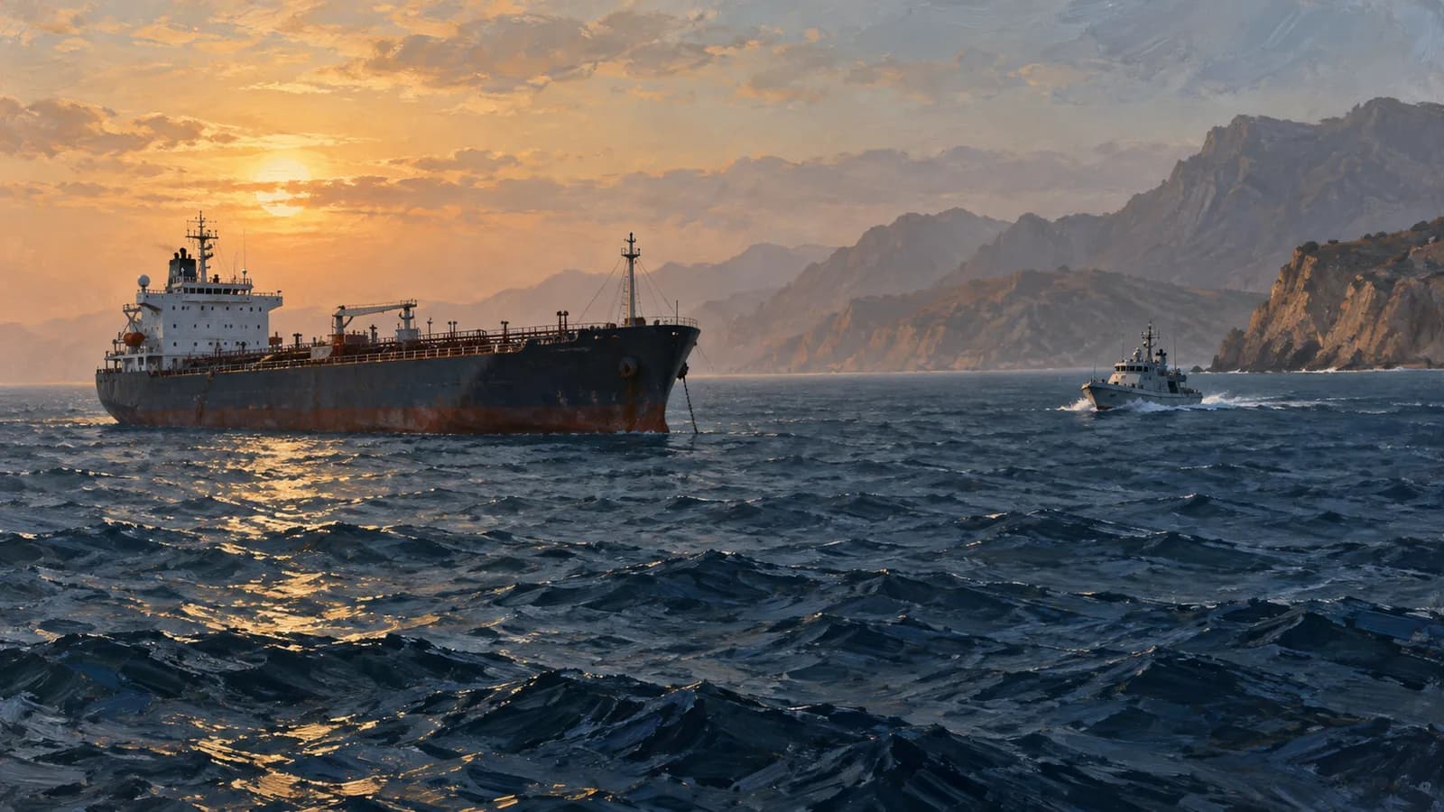 Original painterly editorial illustration of an anonymous tanker at anchorage off a rocky coast with a distant rescue boat; not documentary imagery of Petro Dolphin or the attack