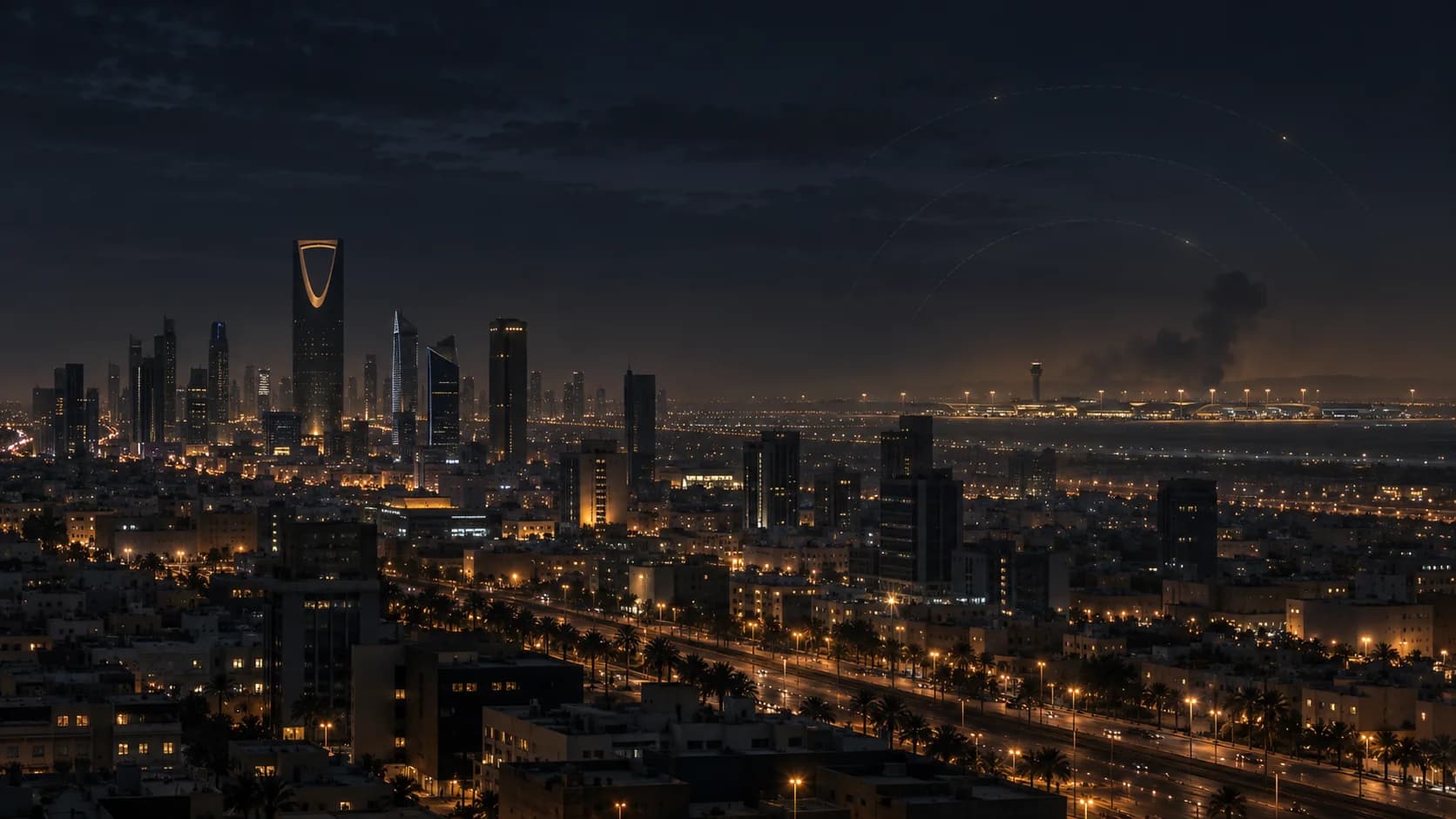 Original Watchman 33 editorial artwork showing Riyadh at night with a distant airport, restrained warning arcs, and smoke on the horizon