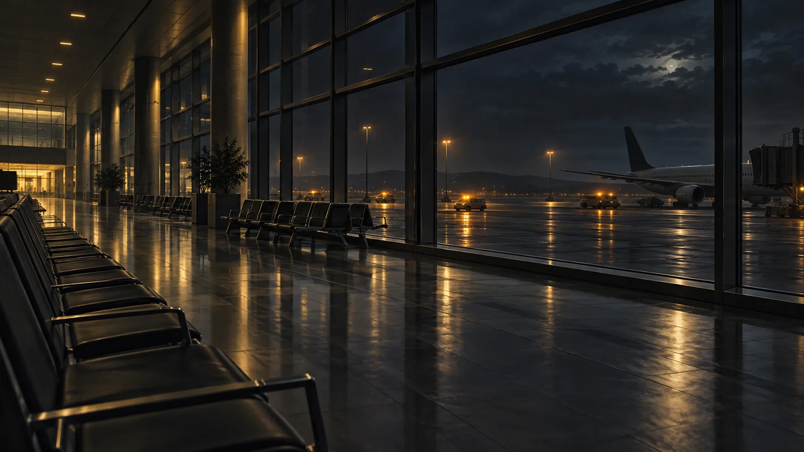 Original conceptual editorial illustration of an empty airport concourse at night with distant emergency lights outside; not a documentary image of Riyadh or the attack