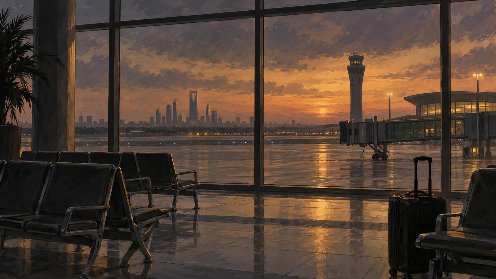 Original conceptual editorial illustration of a quiet airport concourse overlooking a runway at twilight; not documentary imagery of Riyadh or the attack
