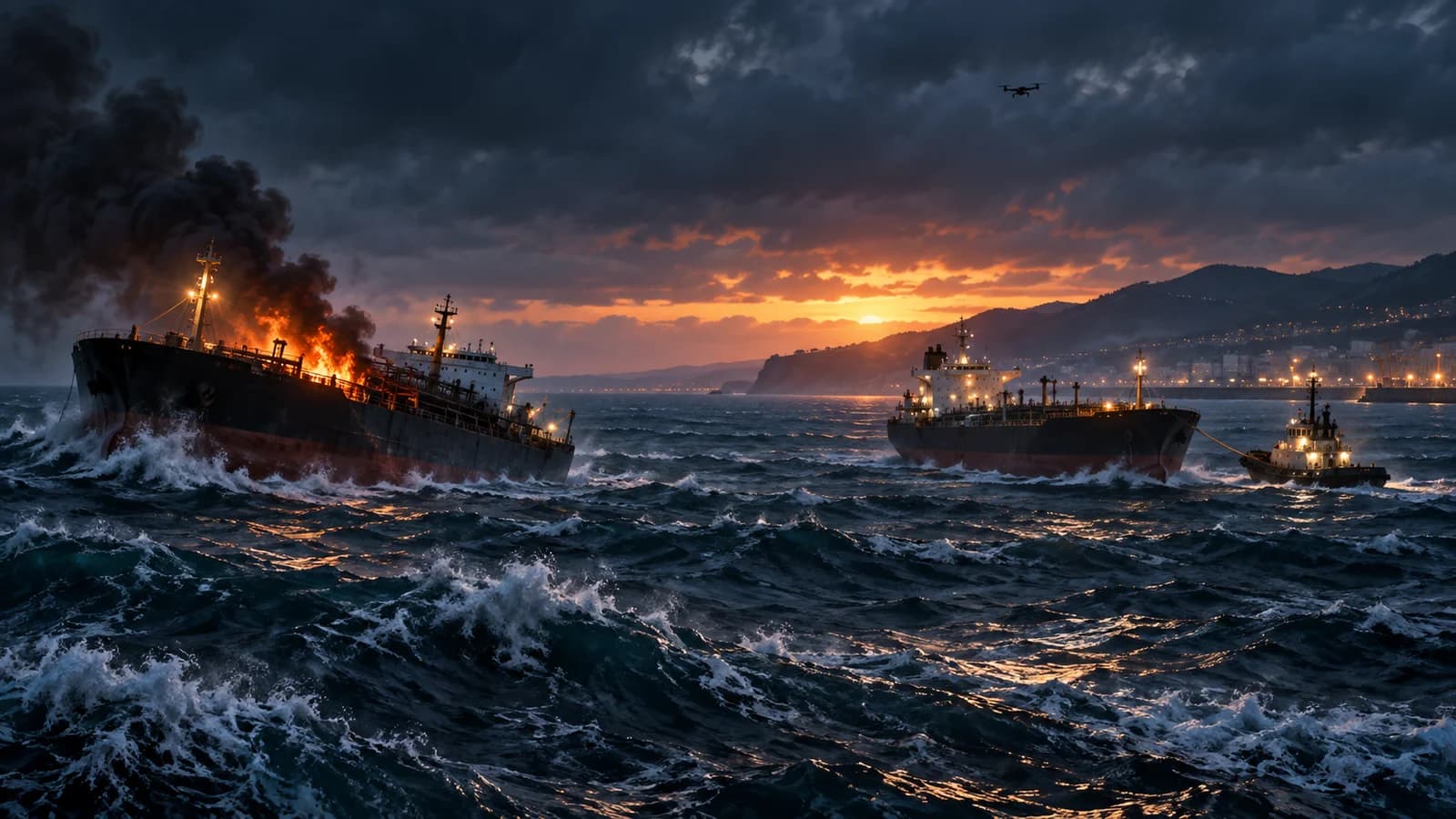 Original conceptual editorial artwork of two anonymous merchant tankers in rough Black Sea waters, one under tow and one with a contained fire; not documentary imagery of Wine Trader or Yara J