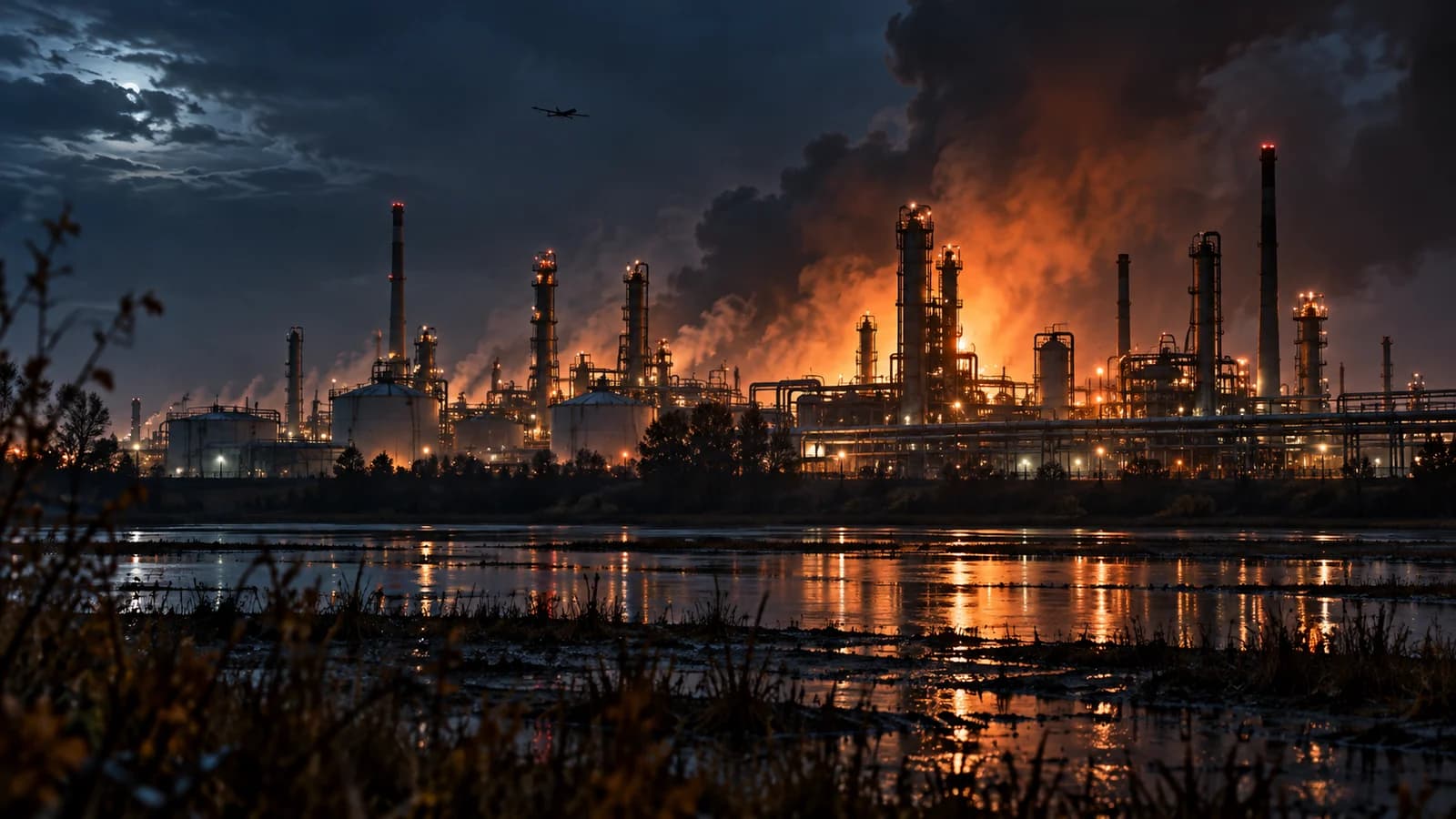 Original conceptual editorial artwork of an anonymous oil refinery at night with a distant fire glow and unmanned aircraft silhouette; not documentary imagery of the Ryazan refinery strike