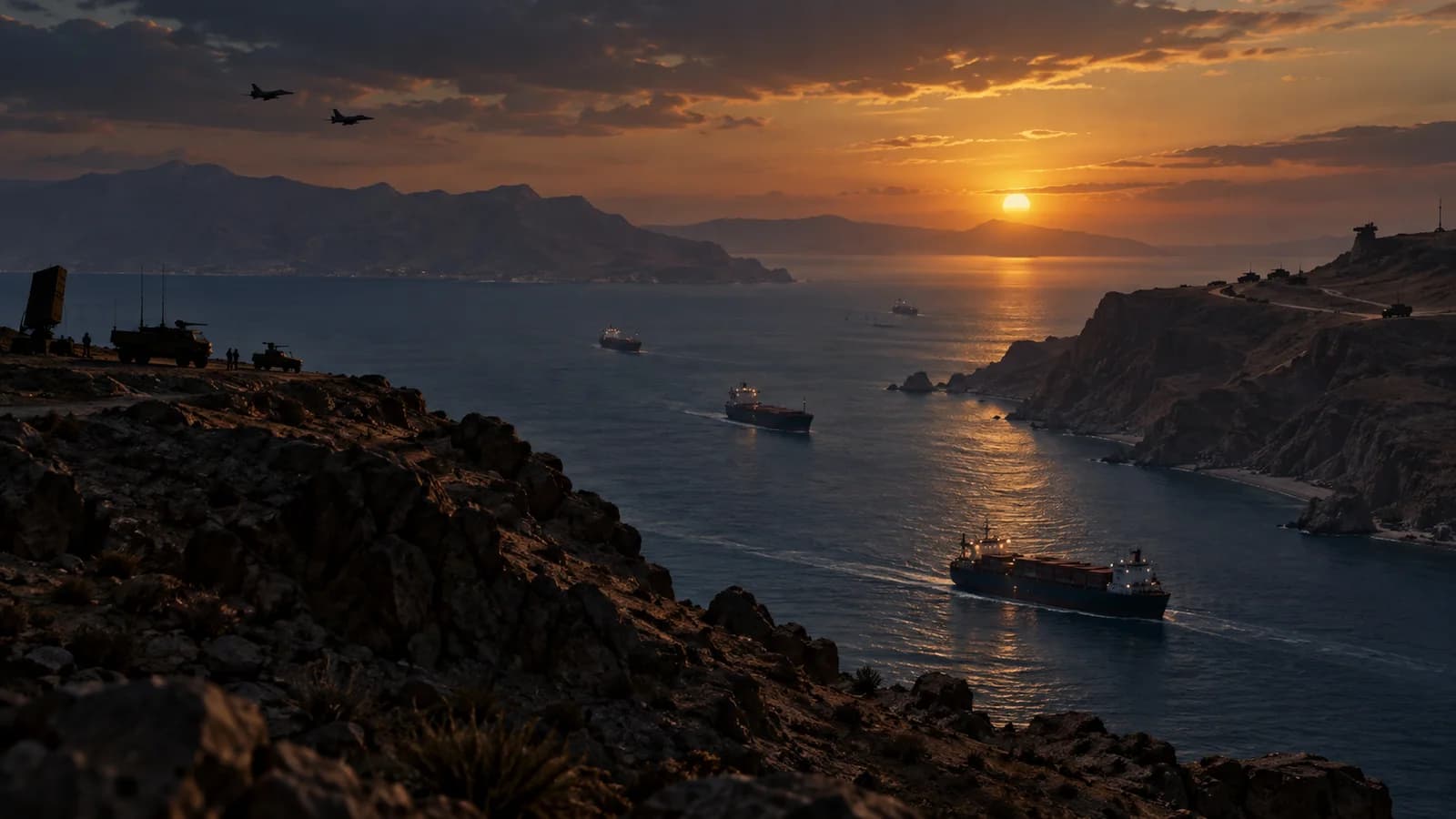 Original Watchman 33 conceptual editorial artwork showing shipping moving through a narrow Red Sea passage while distant military vehicles and aircraft suggest preparation