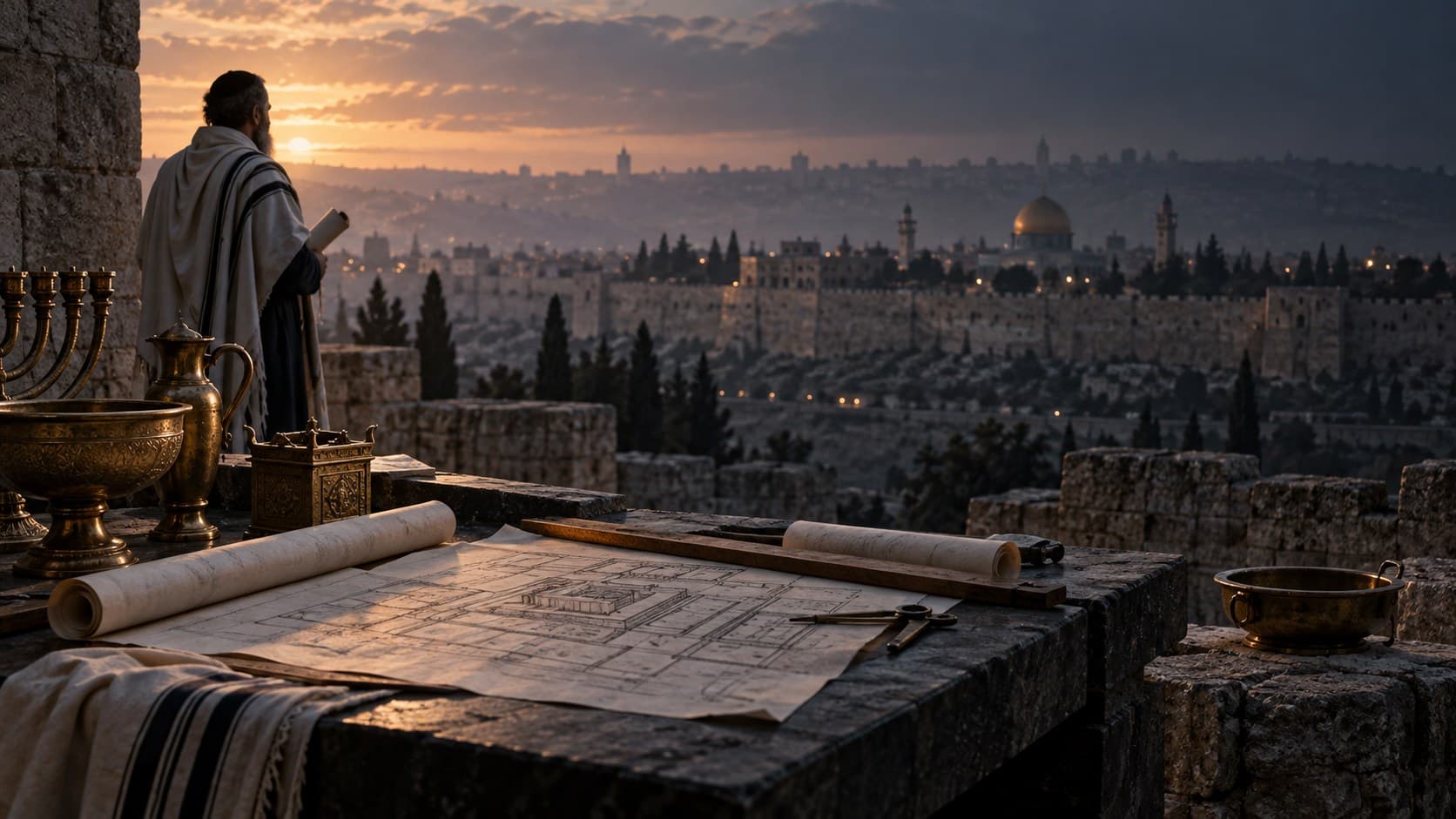 Original Watchman 33 editorial artwork showing Temple plans and vessels overlooking Jerusalem at dawn