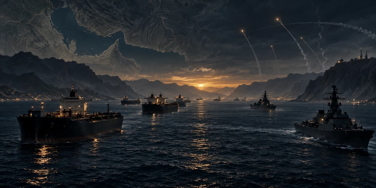 Original Watchman 33 editorial artwork of tankers and naval vessels beneath missile trails in a dark Persian Gulf seascape