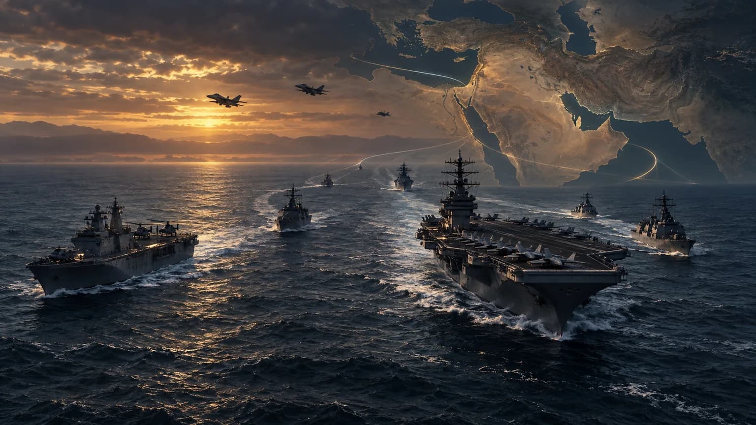 Original Watchman 33 conceptual editorial artwork showing a carrier group and amphibious ships moving beneath a relief map of the Middle East