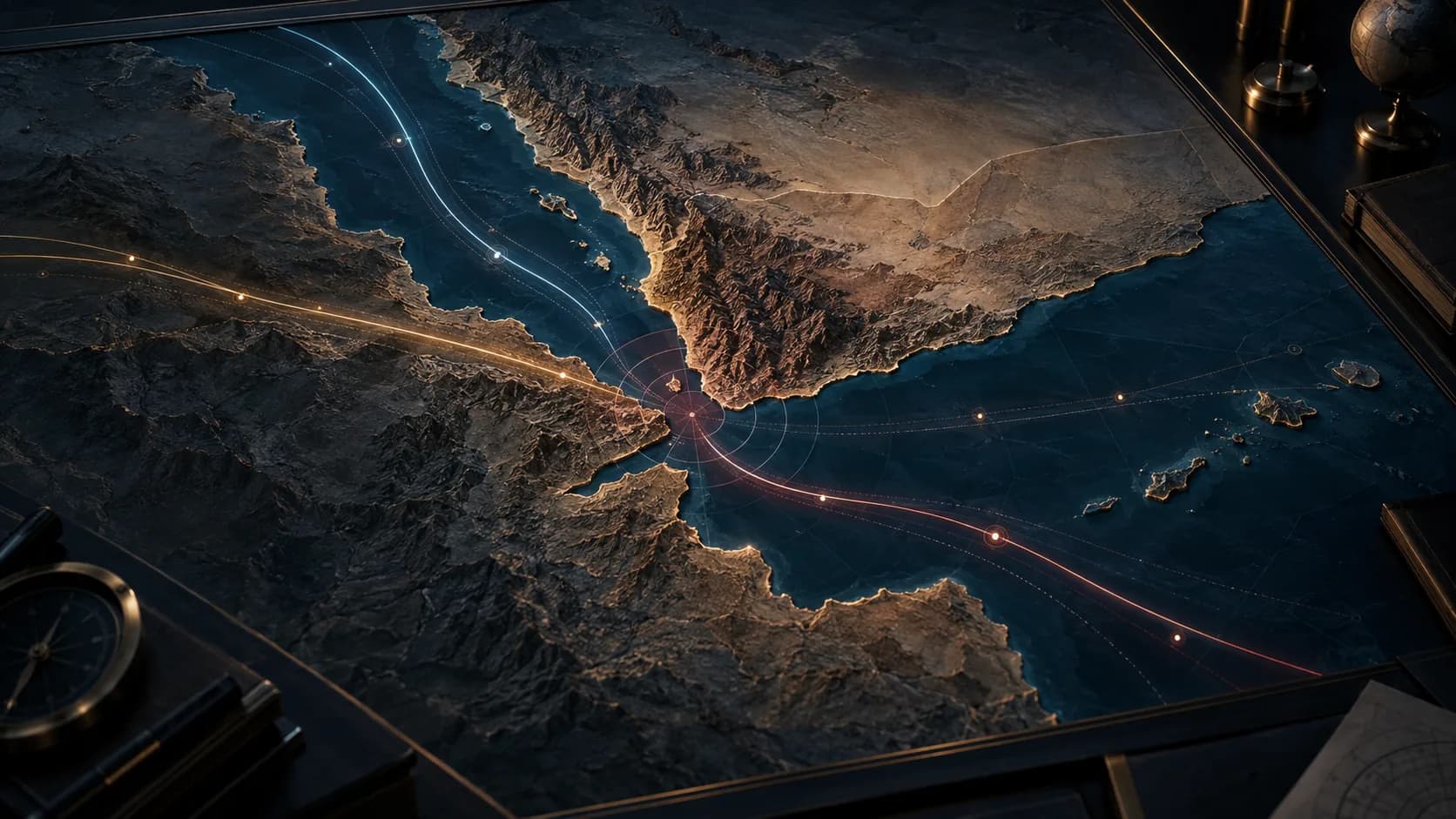 Original Watchman 33 conceptual editorial artwork showing a strategic relief map of Yemen, the Red Sea, and Bab el-Mandeb with converging coordination routes