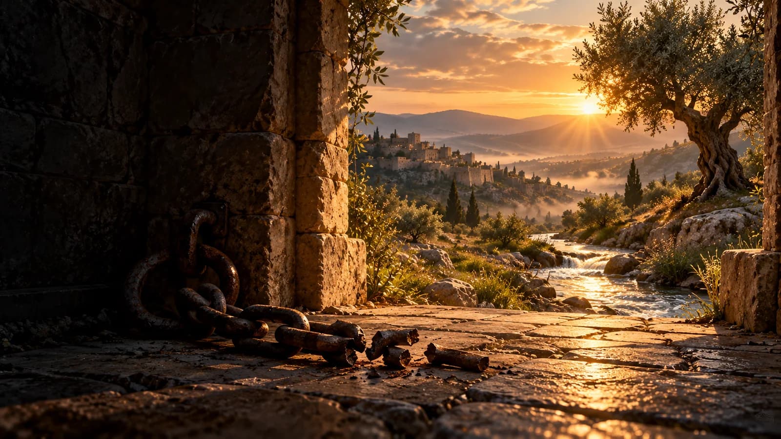 A broken chain at the threshold of a dark stone passage opening onto living water and an olive tree at sunrise